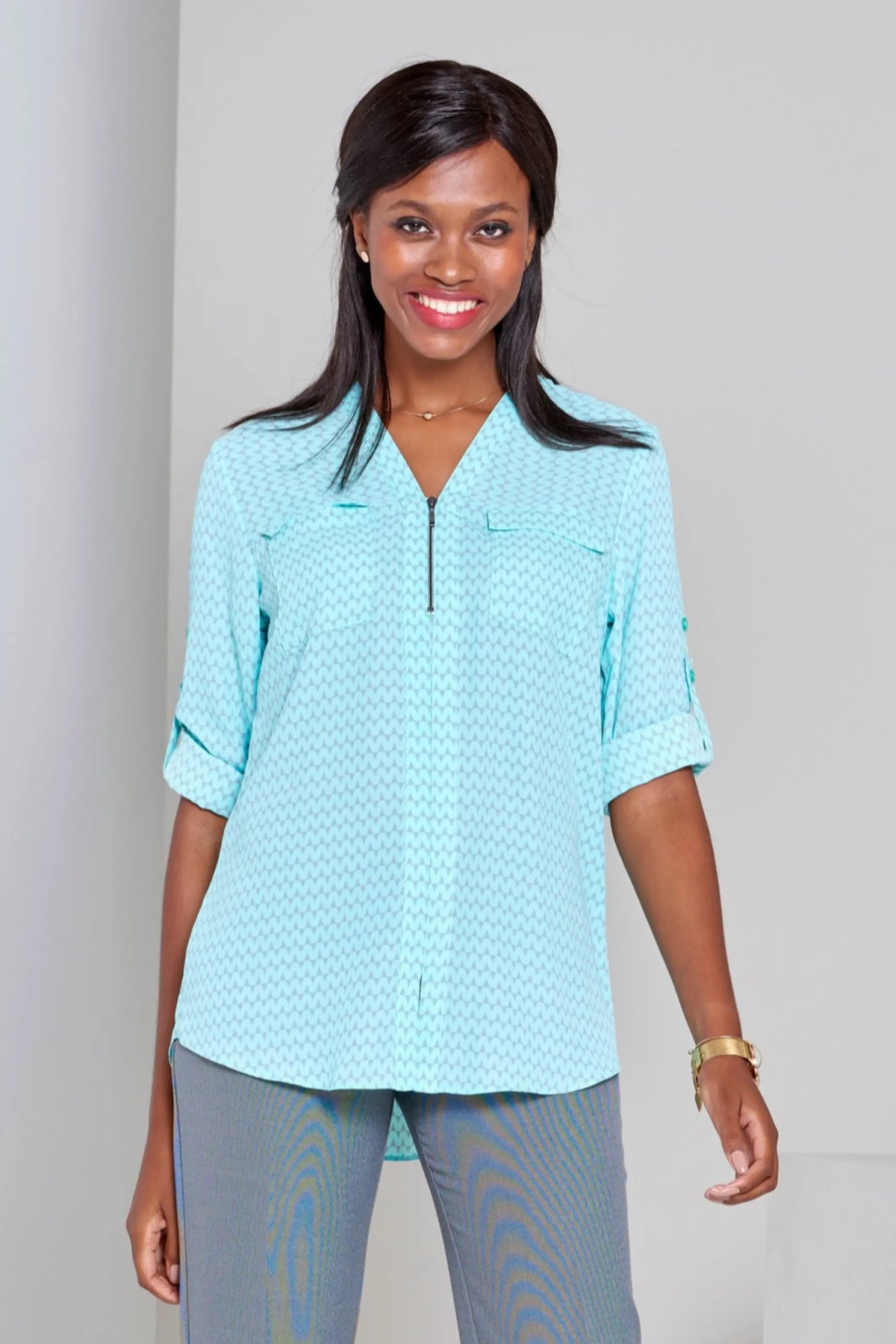 Sabrina women's zip front work blouse in Palm – Imagemakers Online Store Sale