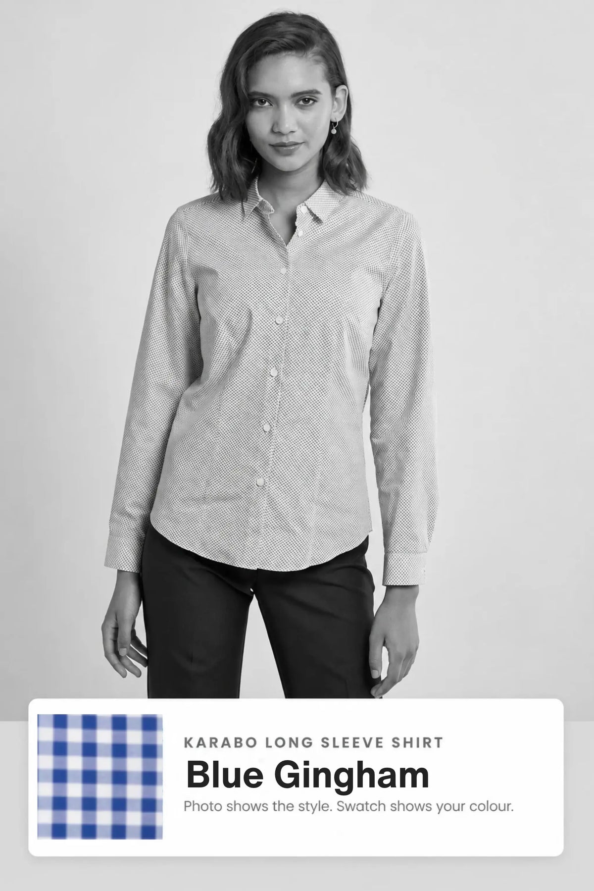 Karabo women's long sleeve cotton work shirt in Blue Gingham – Imagemakers Online Store Sale