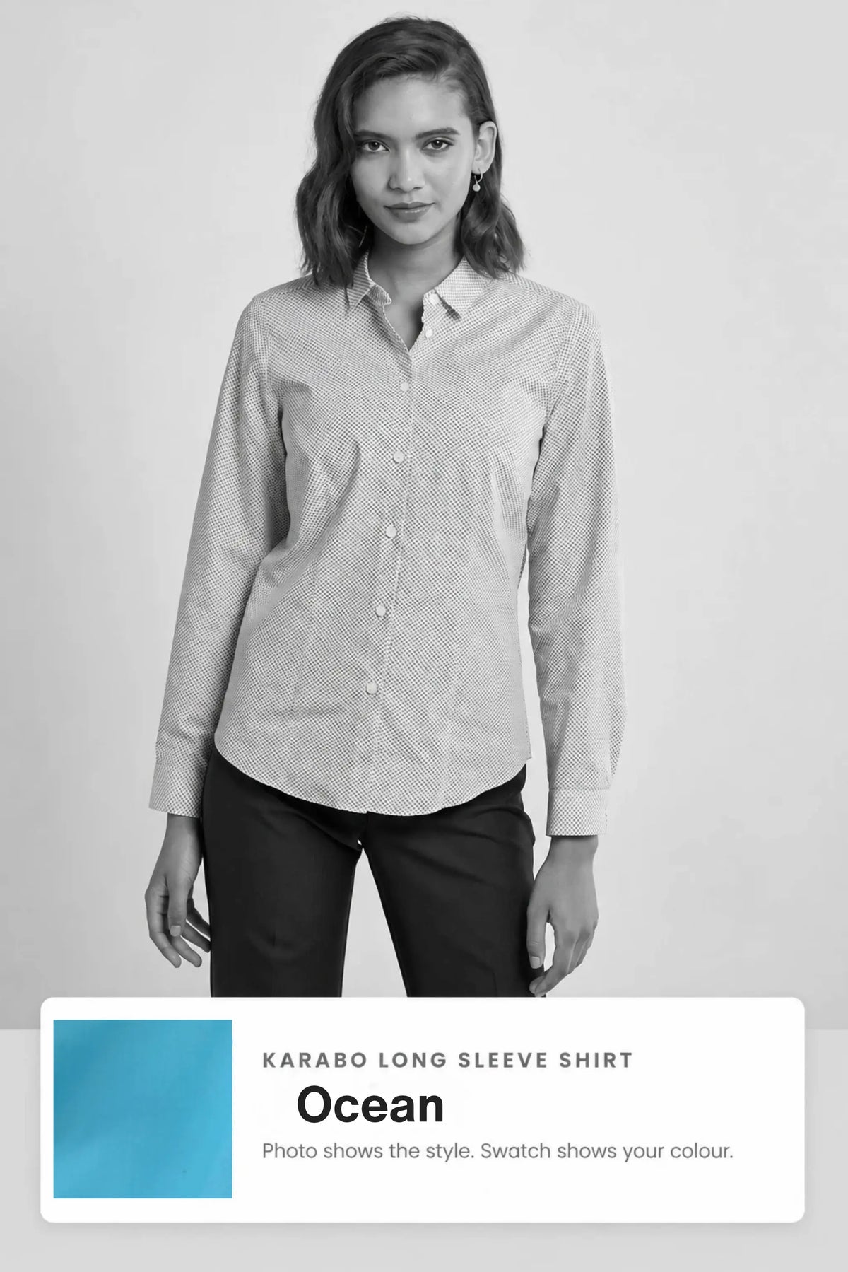 Karabo women's long sleeve cotton work shirt – style photo, Imagemakers Online Store Sale