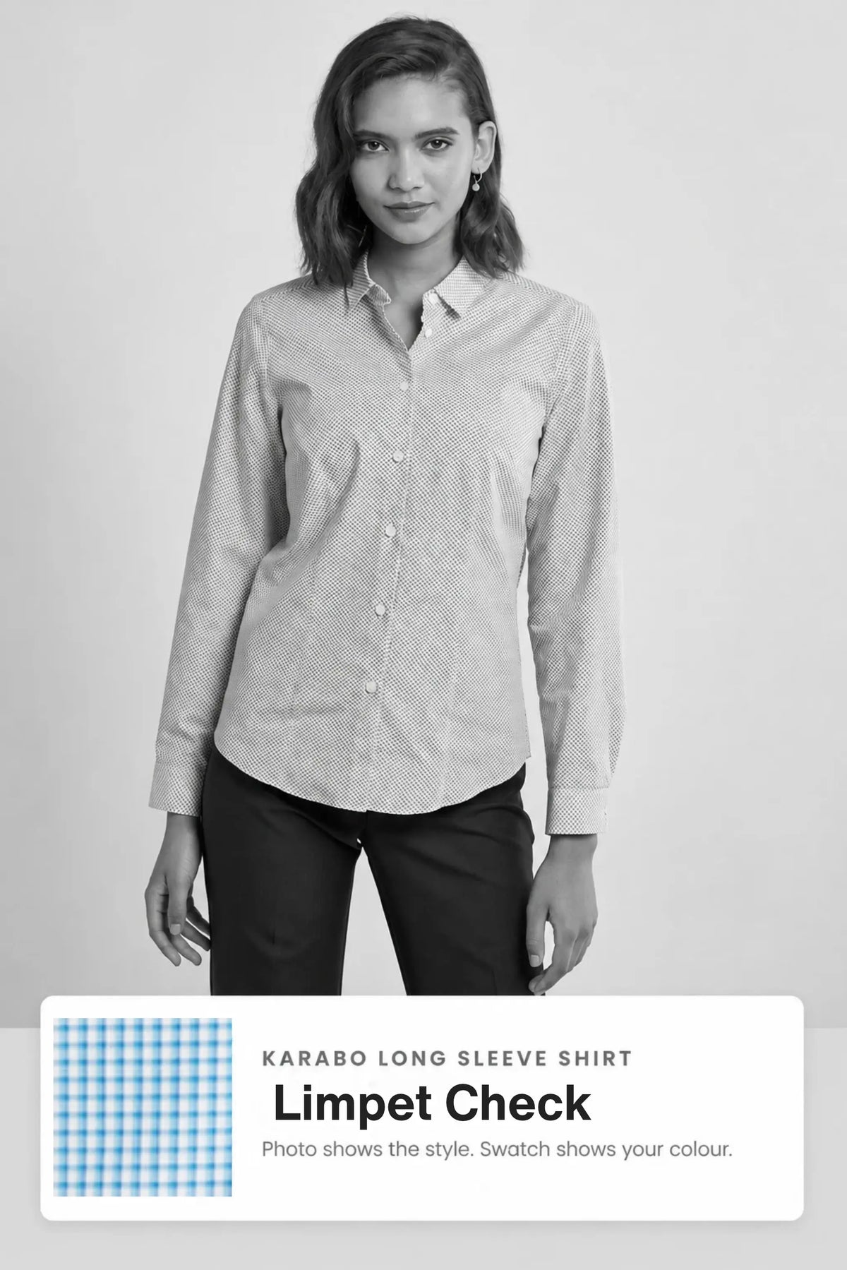 Karabo women's long sleeve cotton work shirt in Limpet Check – Imagemakers Online Store Sale