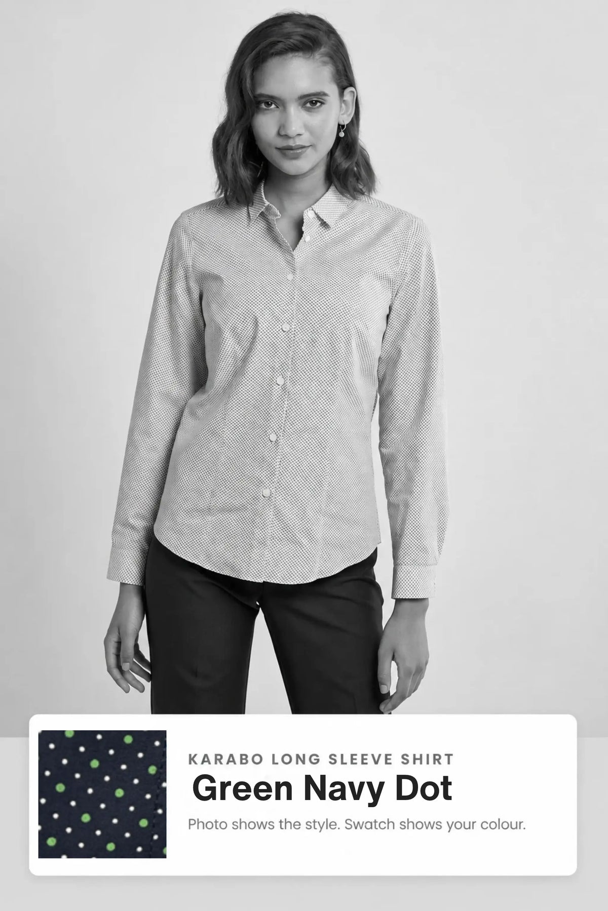 Karabo women's long sleeve cotton work shirt in Green Navy Dot – Imagemakers Online Store Sale