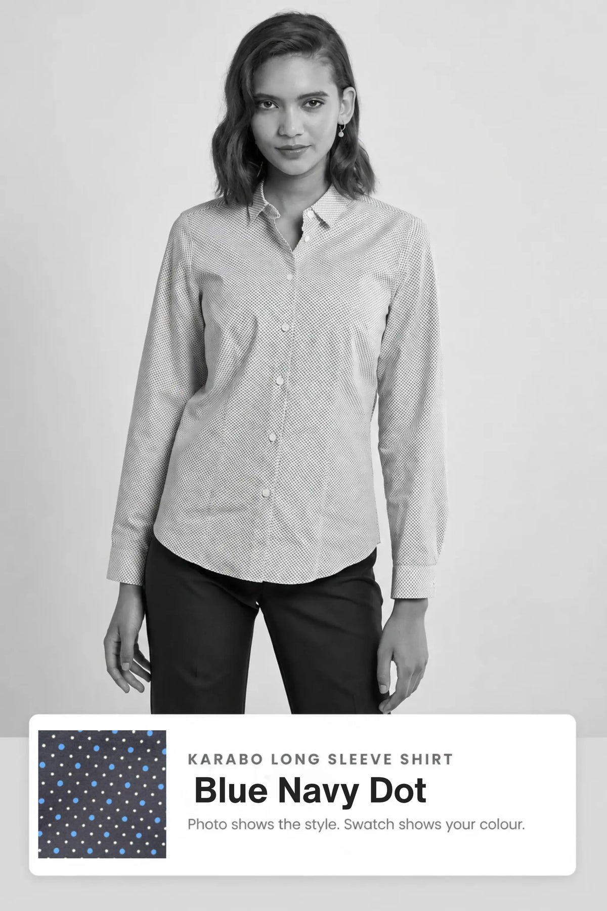 Karabo women's long sleeve cotton work shirt in Blue Navy Dot – Imagemakers Online Store Sale