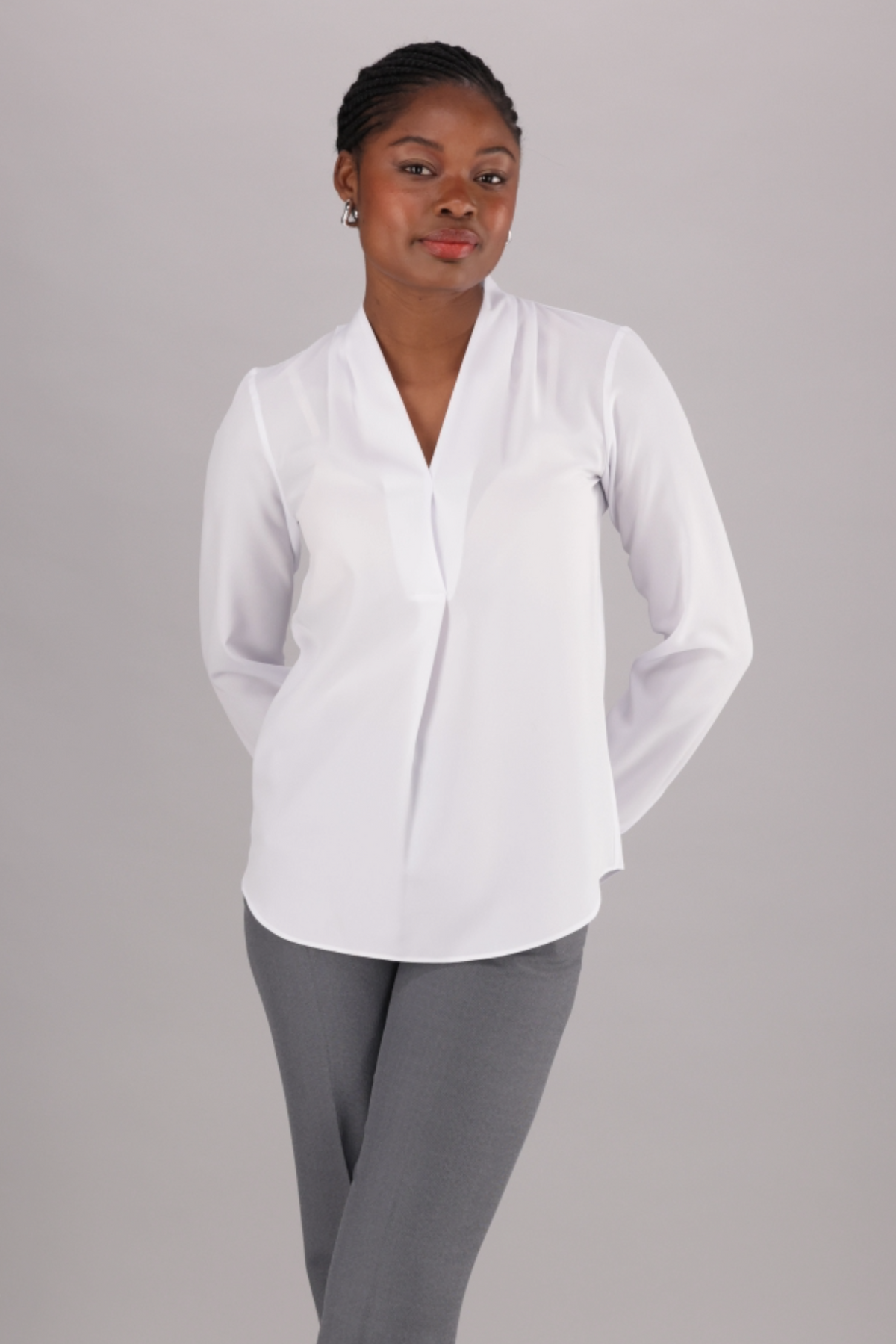 Women's white long sleeve, v-neck blouse from ImNow.