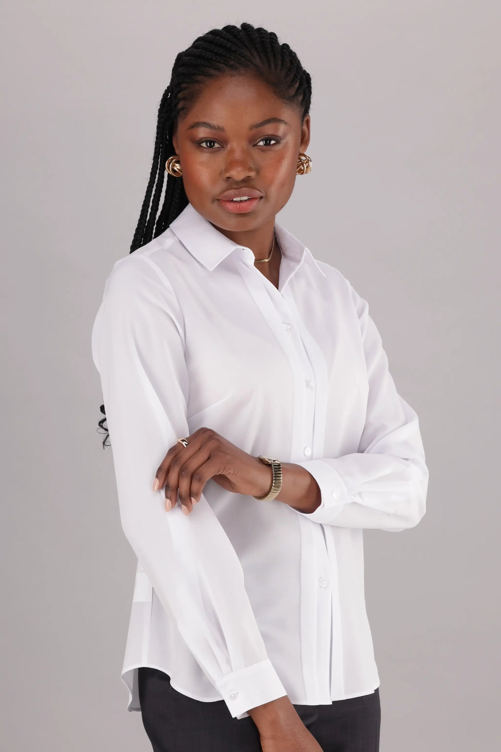 Women’s Long Sleeve Office shirt from ImNow with Structured Collar and pintuck detail in White.