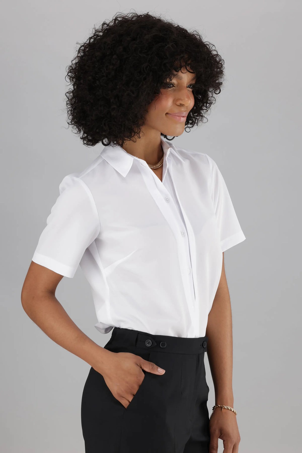 Women’s Short Sleeve Office shirt from ImNow with Structured Collar and pintuck detail in White.