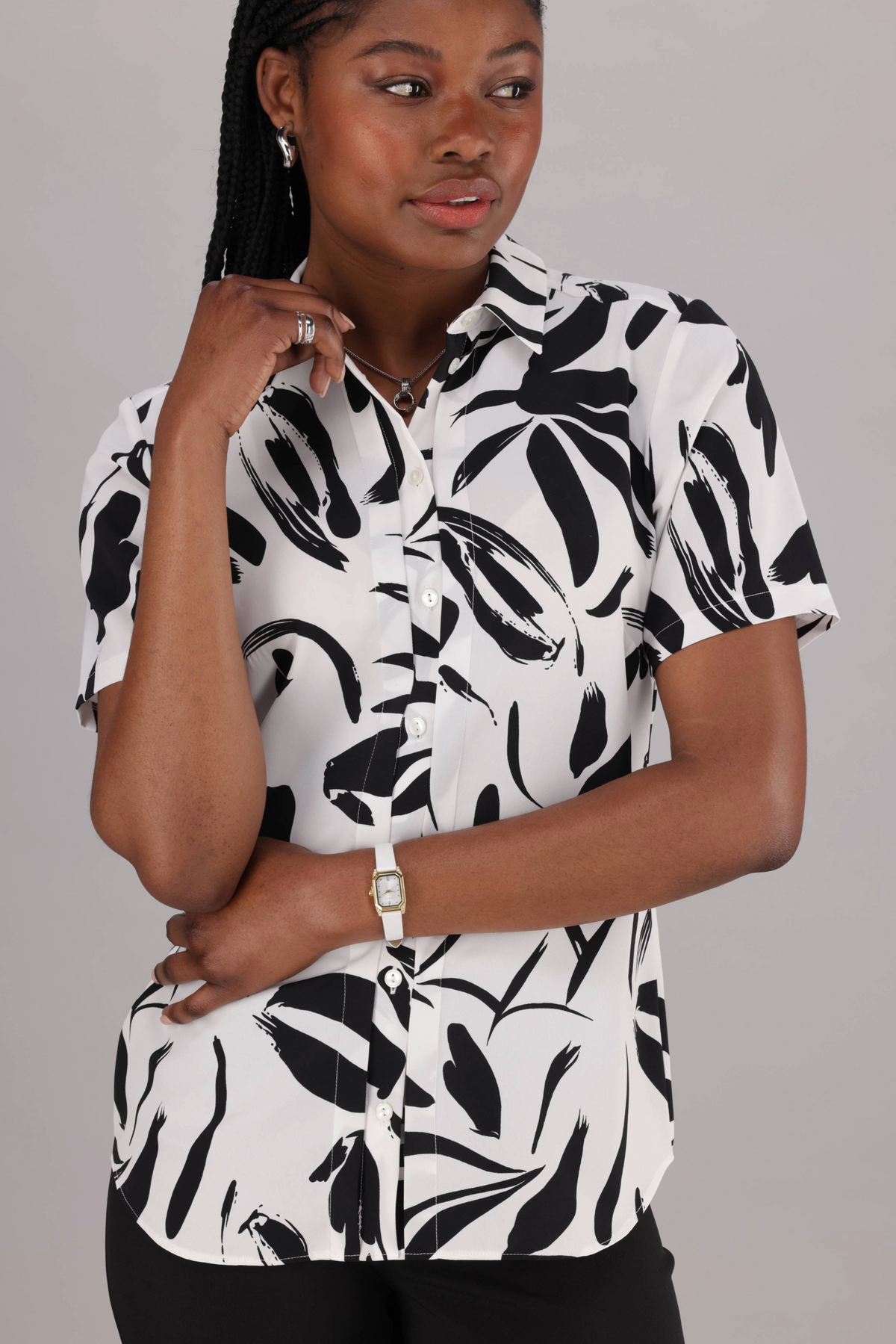 White and Black Print Short Sleeve Women’s Office Shirt with Collar and Pintuck design. Avaialble from ImNow. 