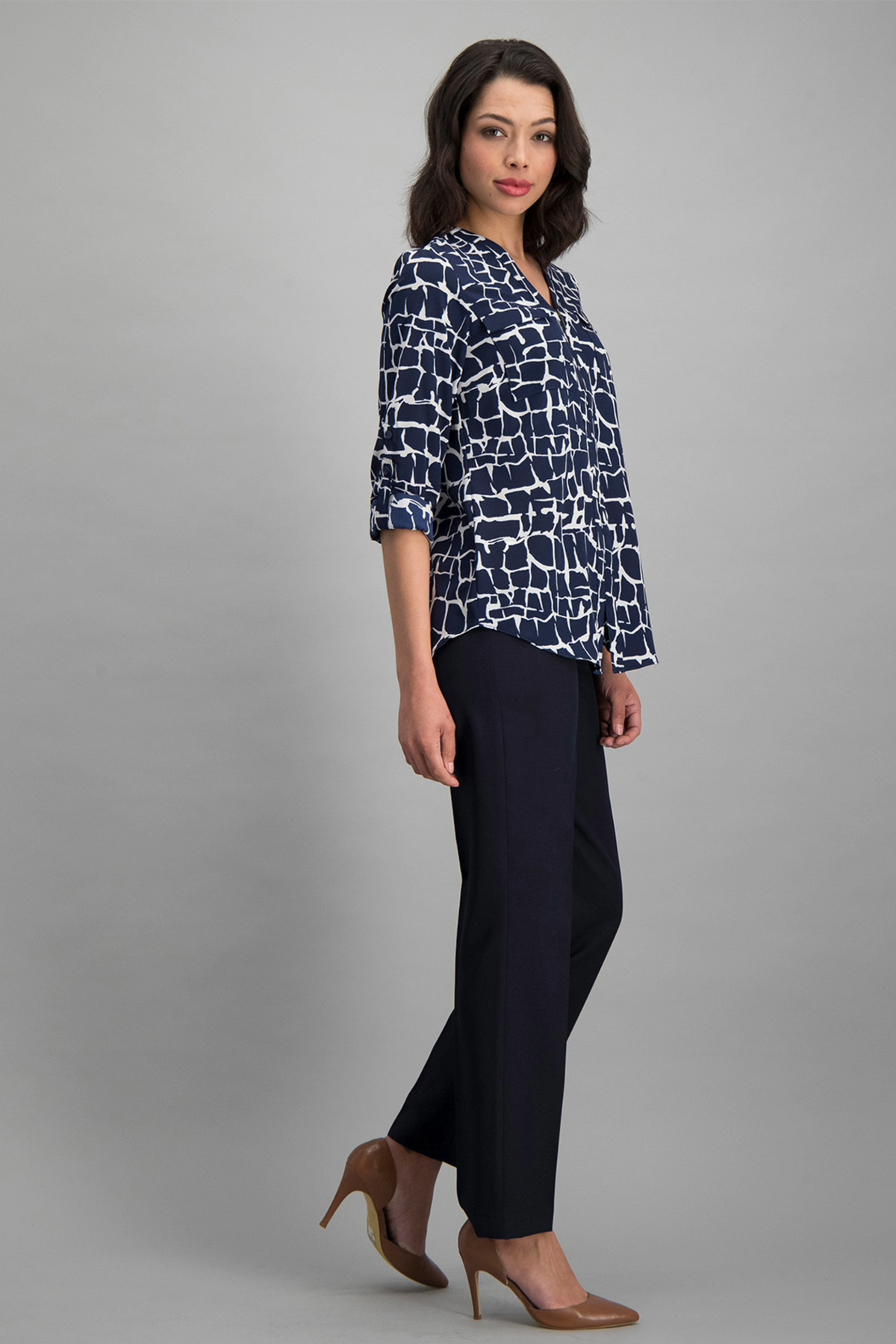 Navy And White Printed Long-Sleeve Women’s Zip-Front V-Neck Work Top By ImNow.