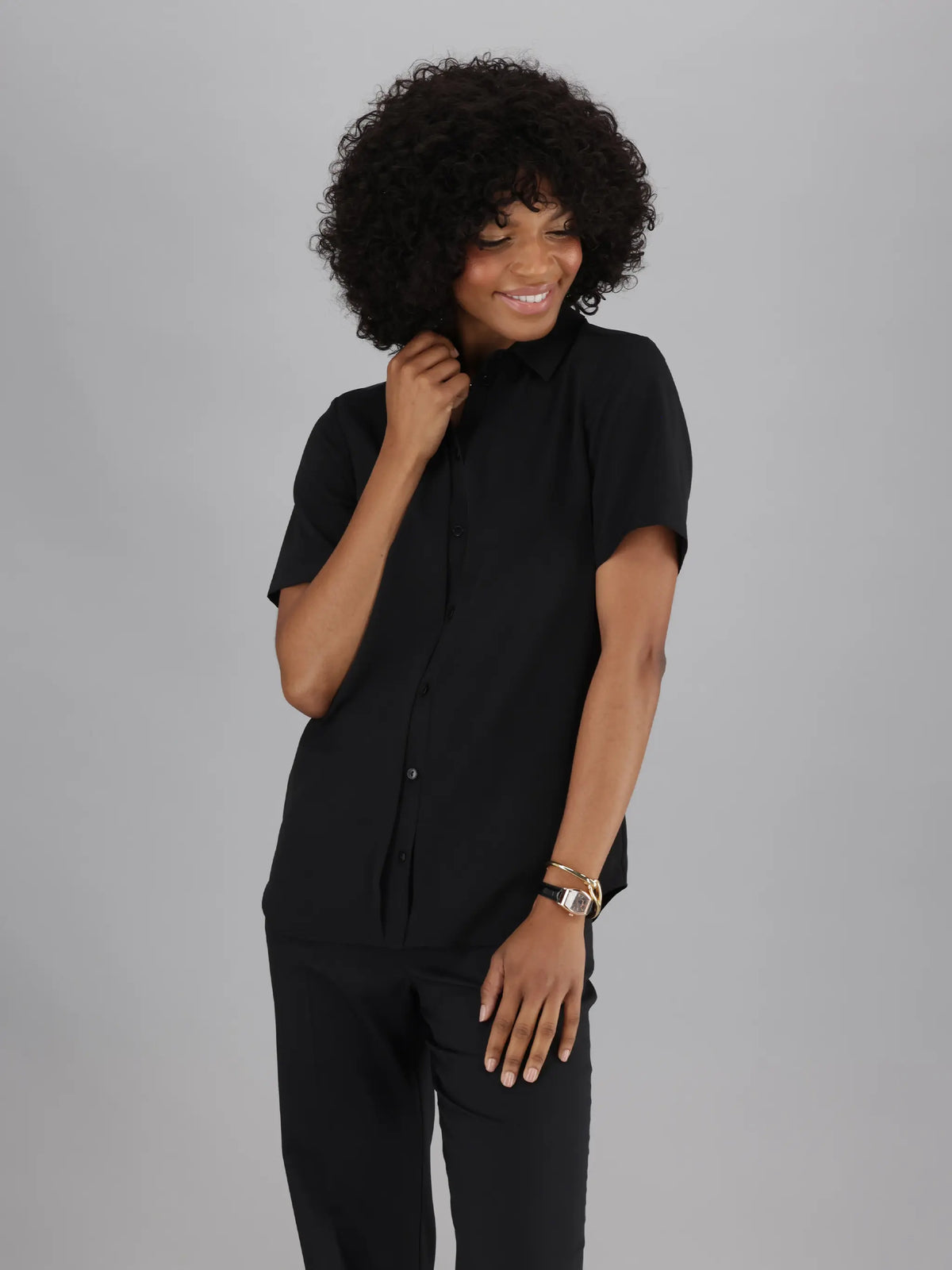 ImNow Women’s Black Shirt with Collar, Pintuck Details along the Front Button Stand with Short Sleeves.