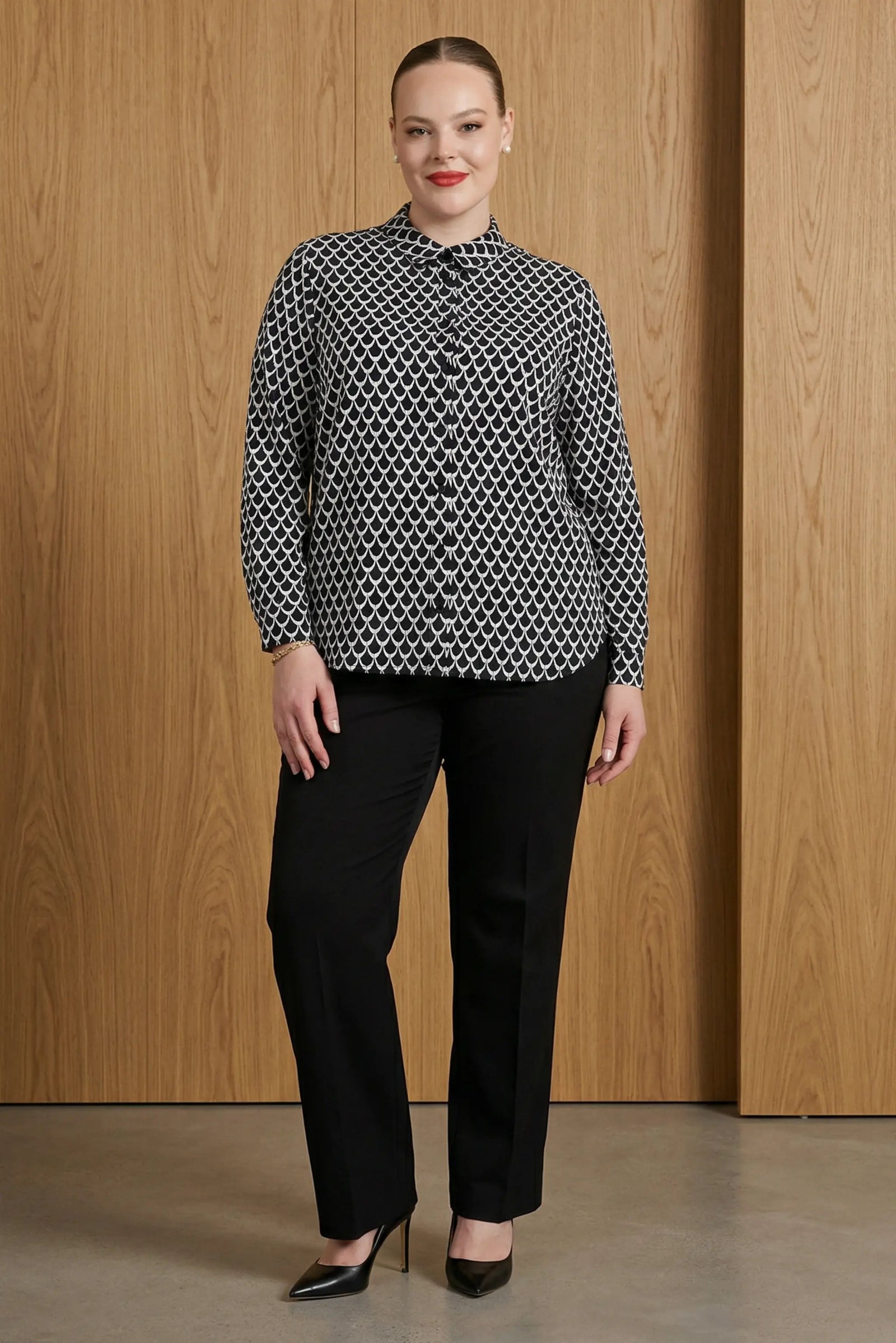 Women's long sleeve black and white scalloped print shirt by ImNow.