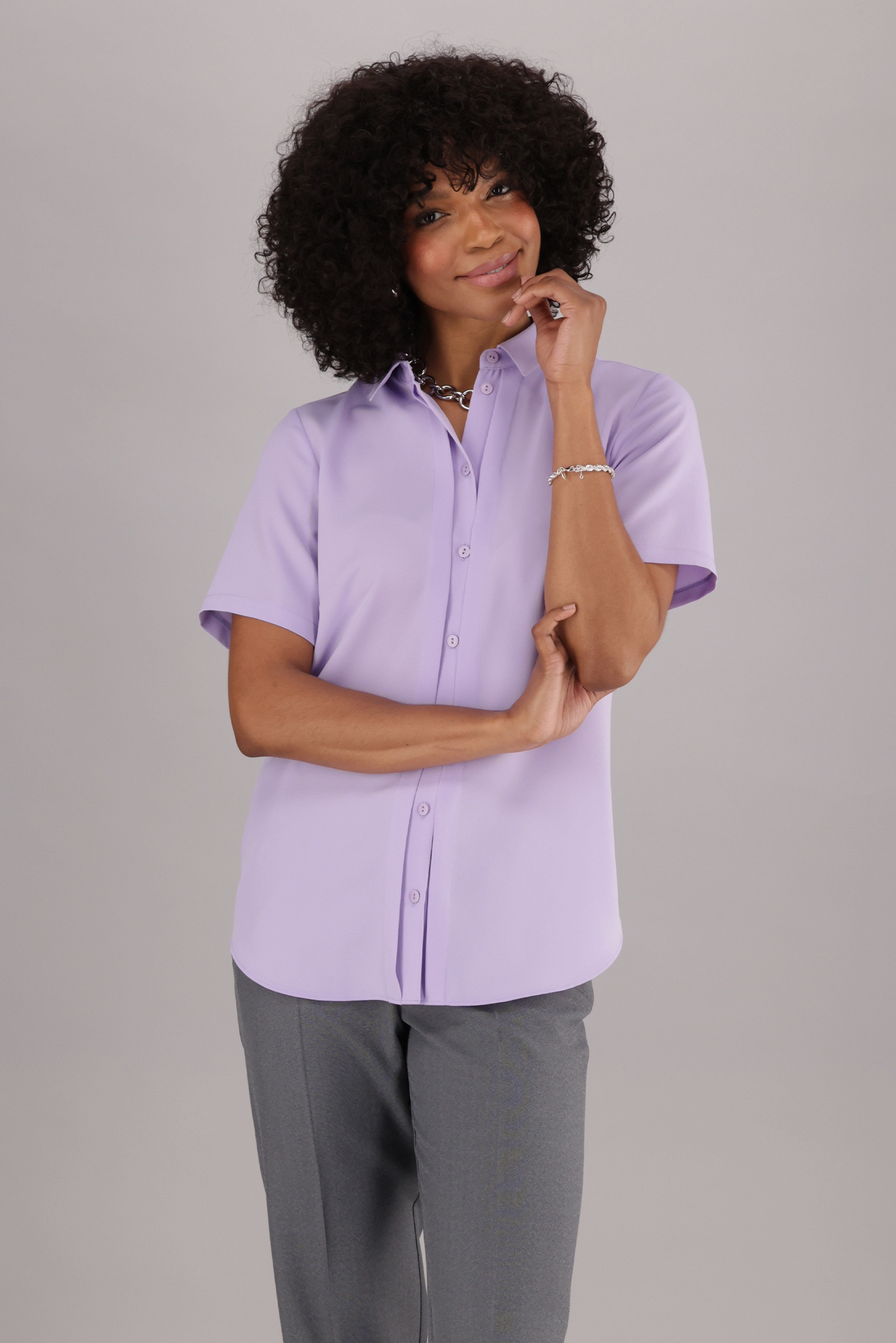 ImNow Women’s Collared Work Shirt with Short Sleeves and Elegant Pintucks in Purple.