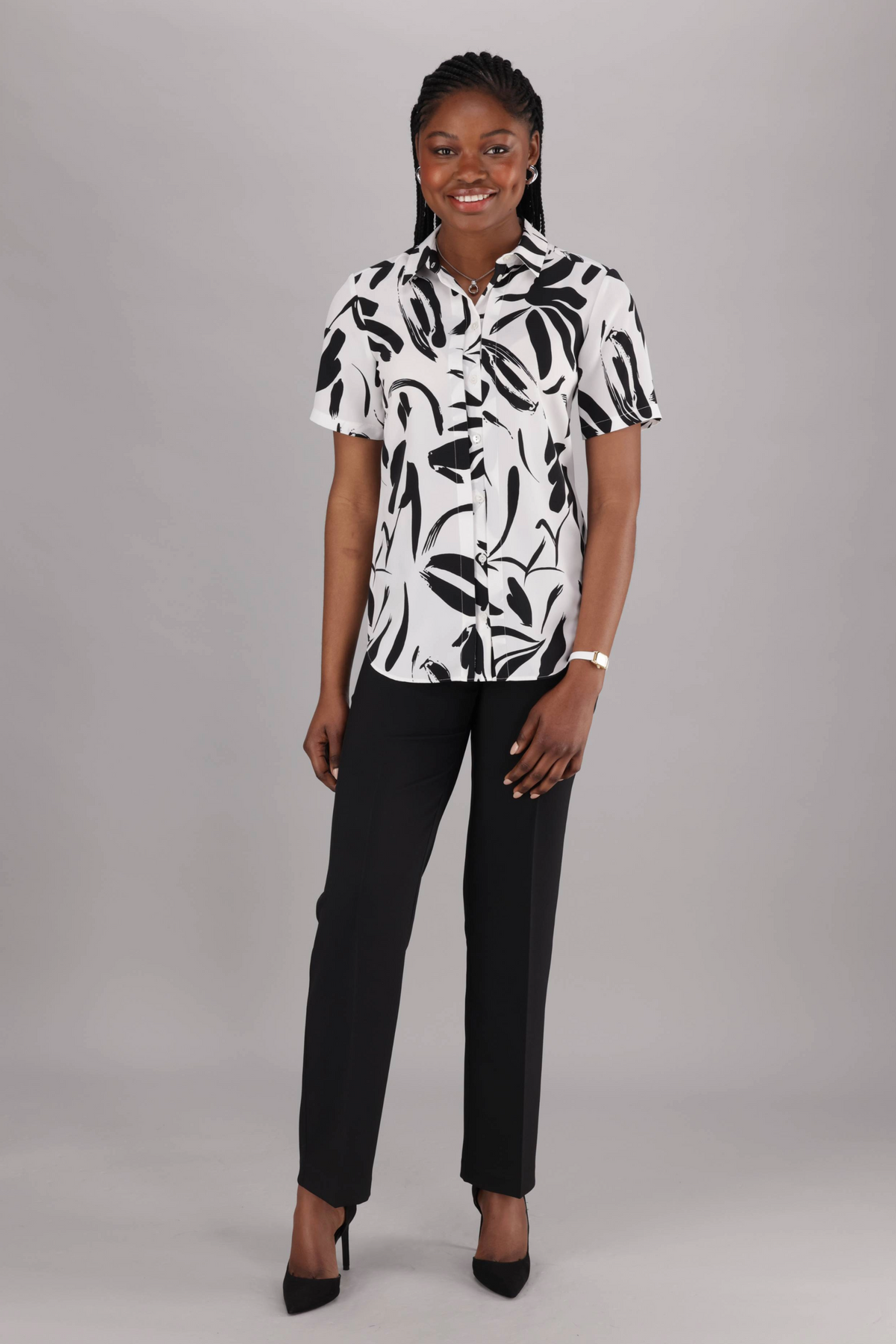 Women’s ImNow Work Blouse in White and Black Featuring Short Sleeves, with Front Buttons and Pintuck detail.
