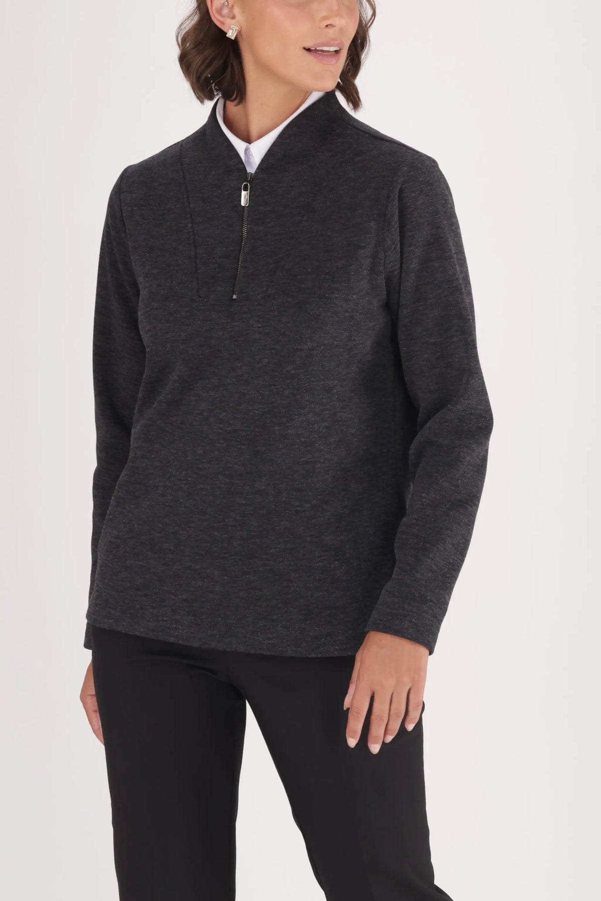 Women’s charcoal quarter zip knitwear sweater close up by imNow.