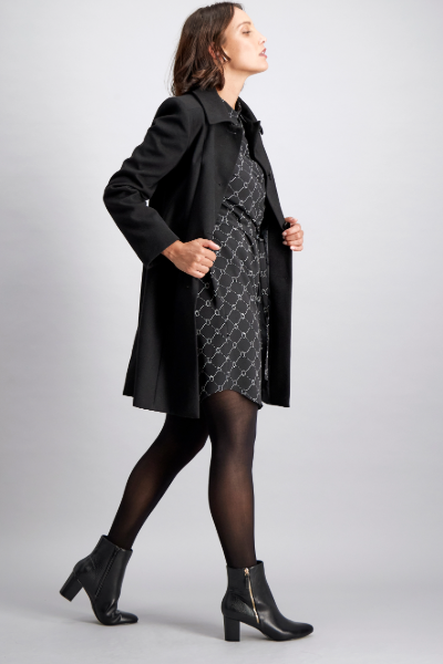 Women's Knee Length Classic Melton Coat in Black. Tailered with buttons and a Collar by ImNow. 