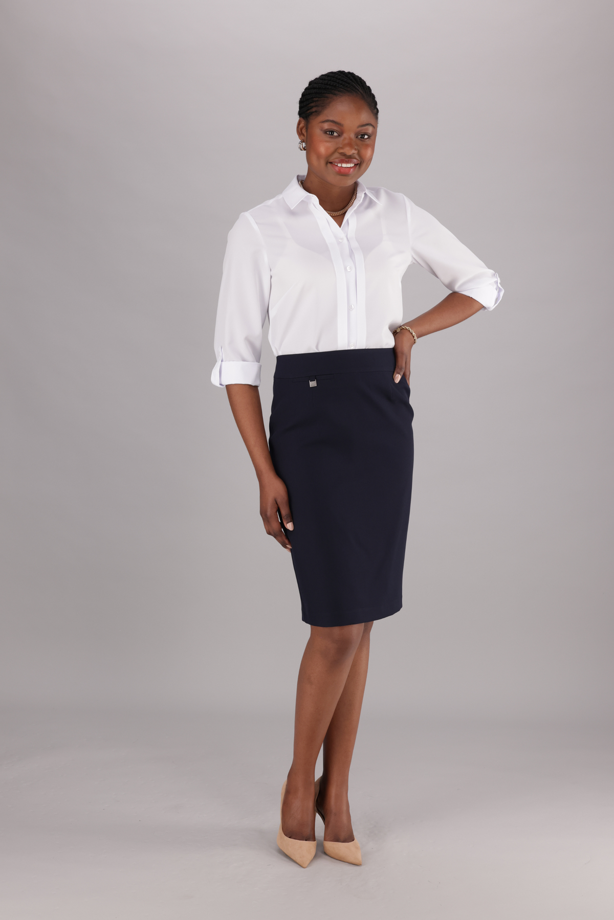 Formal Pencil Skirt  in Navy, paired with a white office top by IMNOW