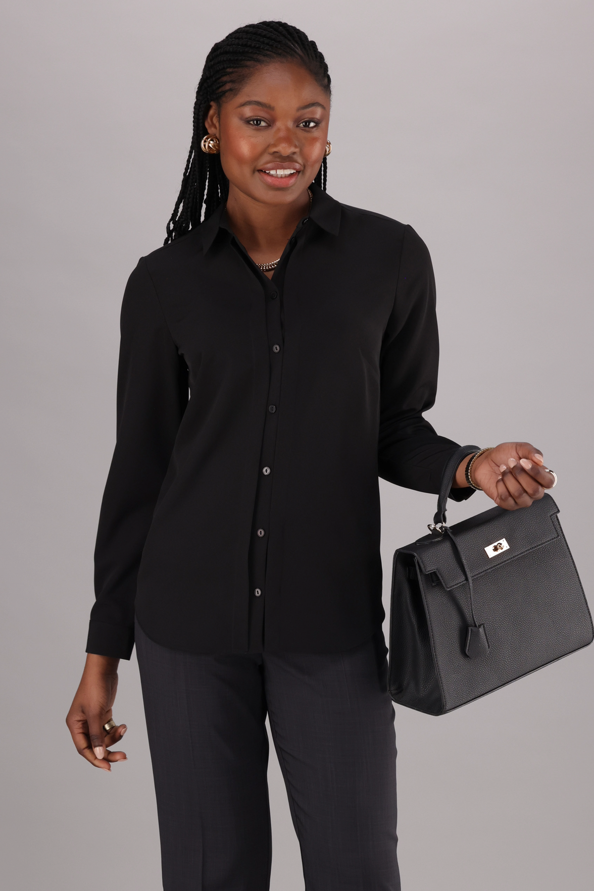 ImNow Women’s Black Shirt with Collar, Pintuck Details along the Front Button Stand with Short Sleeves.