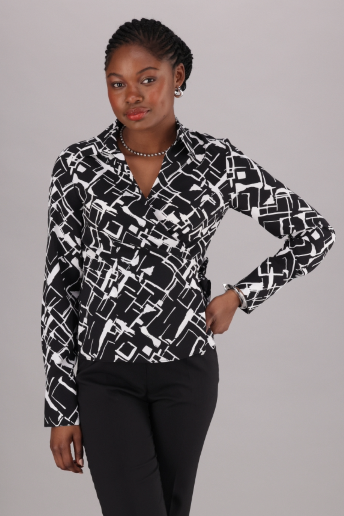 Monchrome printed Womens wrap blouse with collar and wide cuff detail available from ImNow. 