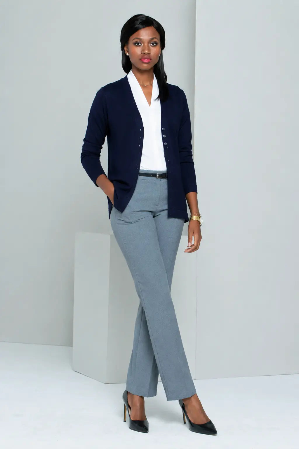 Ladies navy long sleeve knitwear with 3 buttons by ImNow. 