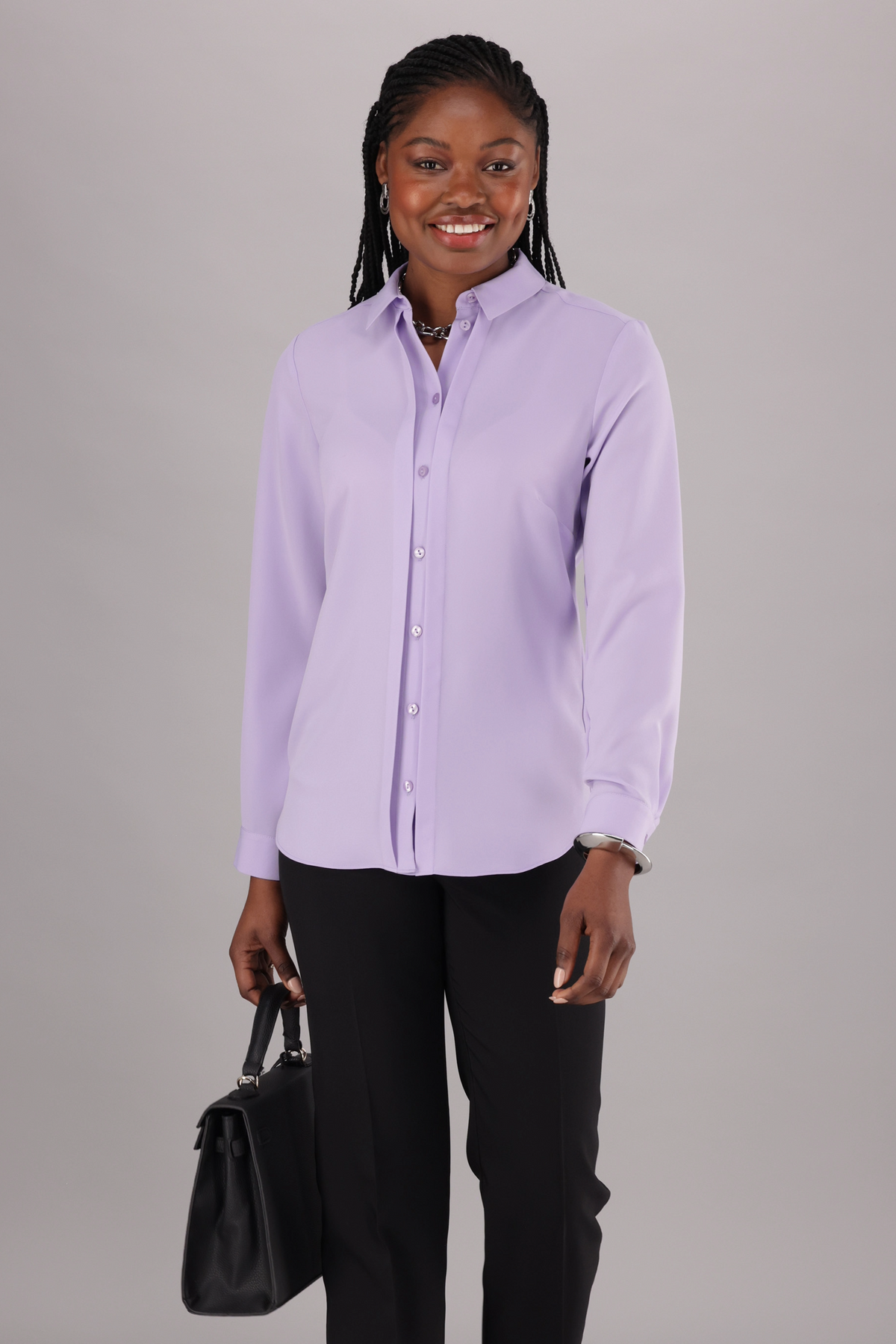 ImNow Women's Purpler Blouse  with featured tabbed long sleeves, pintucks and a crisp collar. 