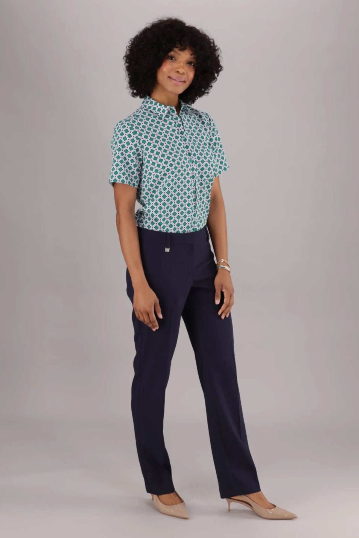 Short Sleeve Women's Work Shirt in a Green Print with Short Sleeve and a Classic Collar from ImNow.