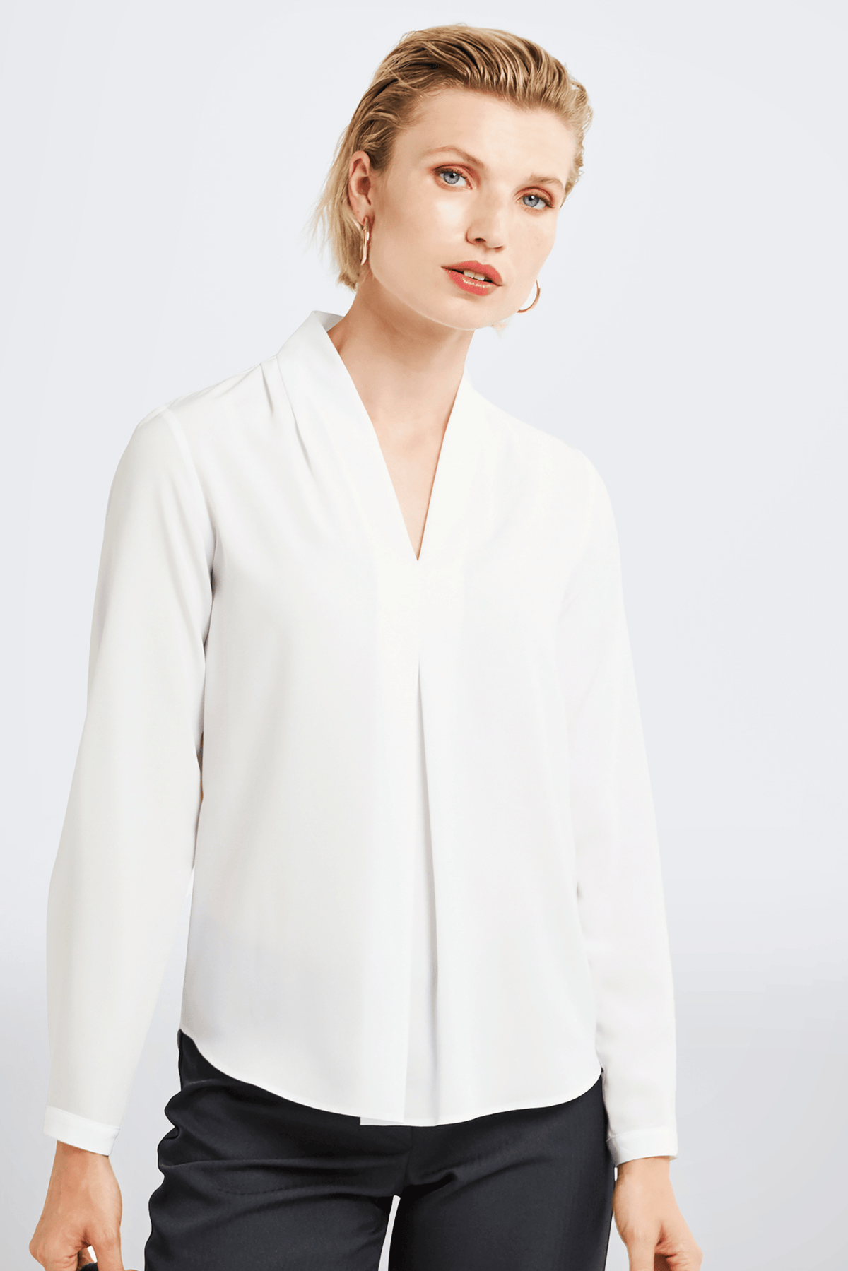 Misha women's drape front work blouse, style shown in Pearl White – Imagemakers Online Store Sale