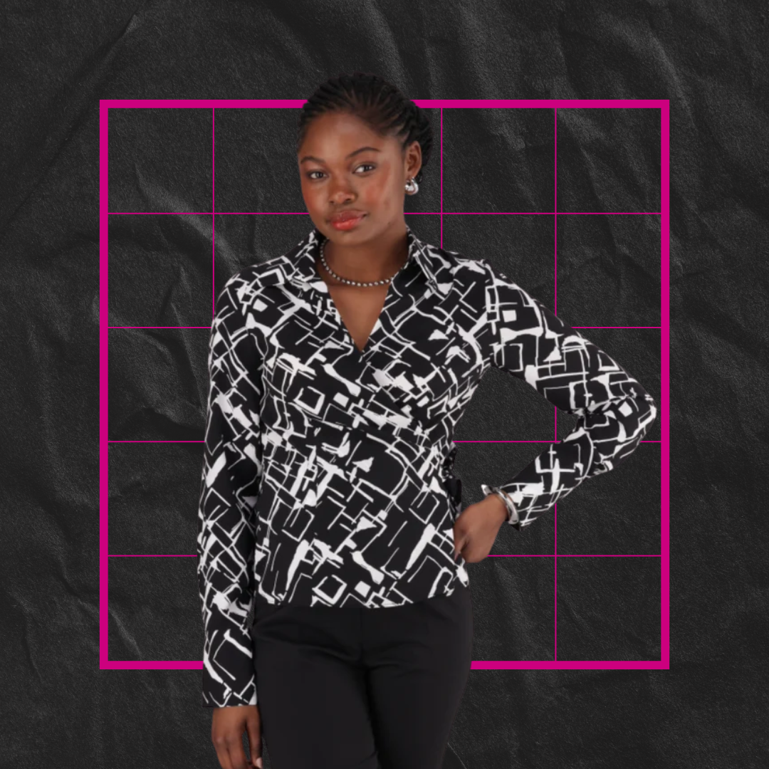 ImNow Black and White Patterned Wrap Blouse with Collar matched perfectly with Black Womens Formal Pants. 
