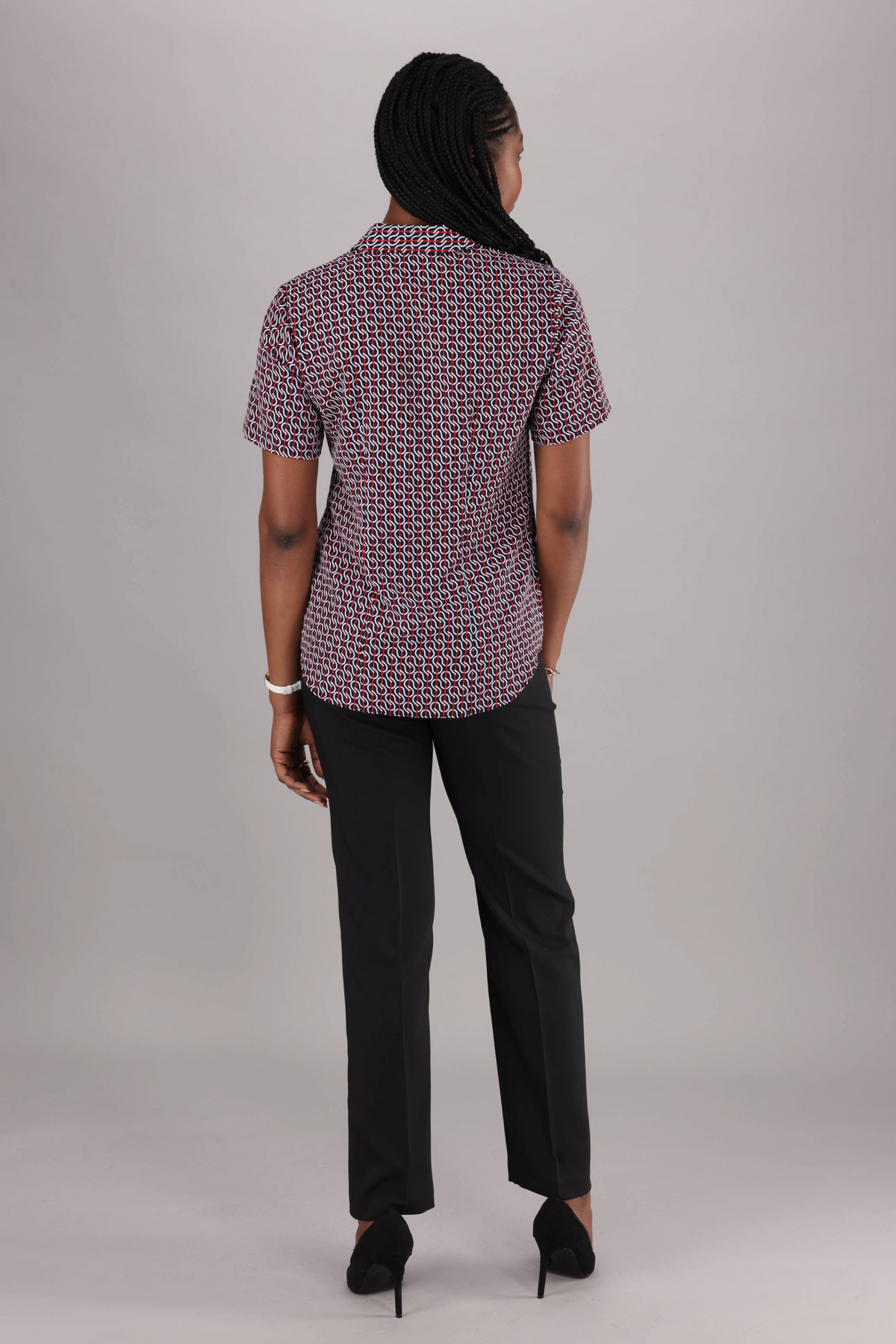 Women’s Short-Sleeve Classic-Collar shirt in a Red, White and Navy print by ImNow.