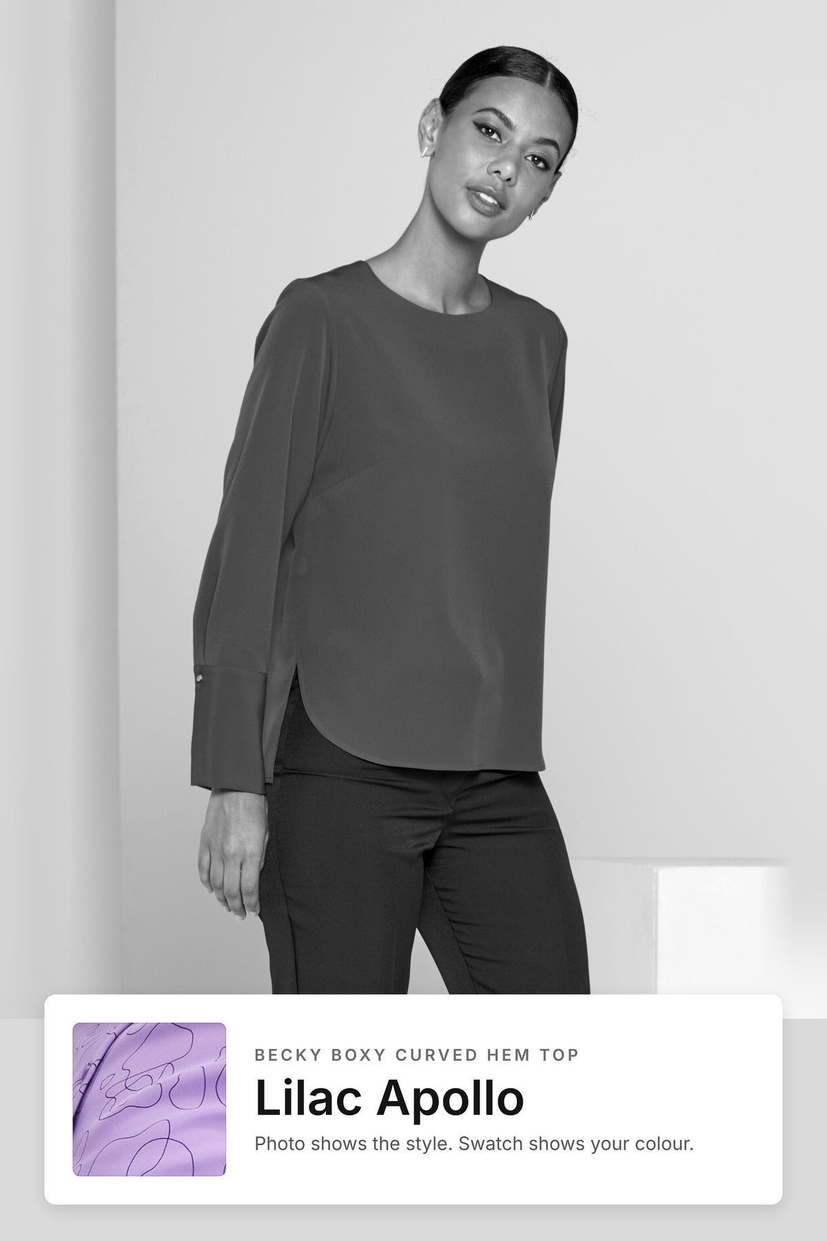 Becky women's boxy curved hem work top in Lilac Apollo – style photo with Lilac Apollo fabric swatch, Imagemakers Sale