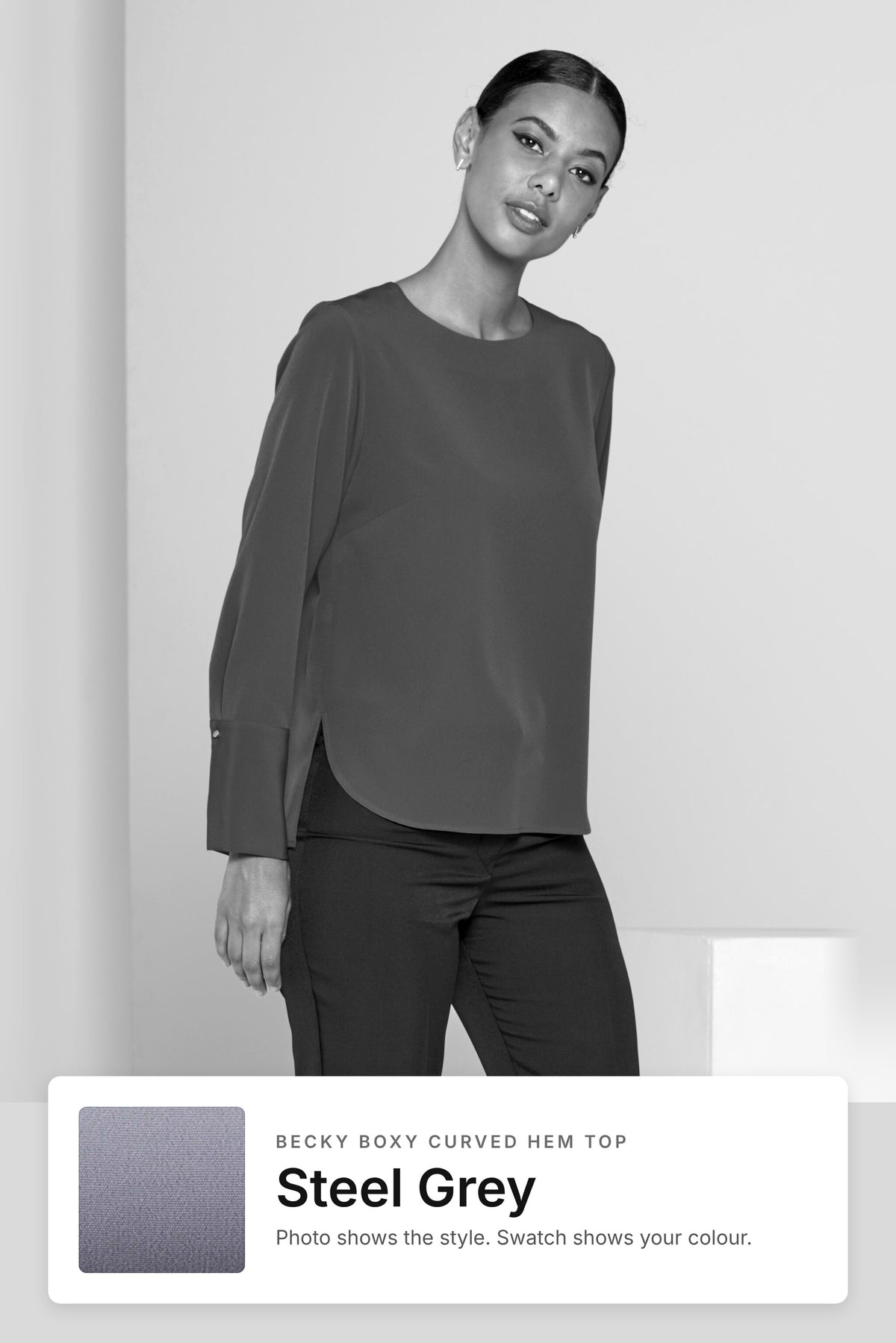 Becky women's boxy curved hem work top in Steel Grey – style photo with Steel Grey fabric swatch, Imagemakers Sale