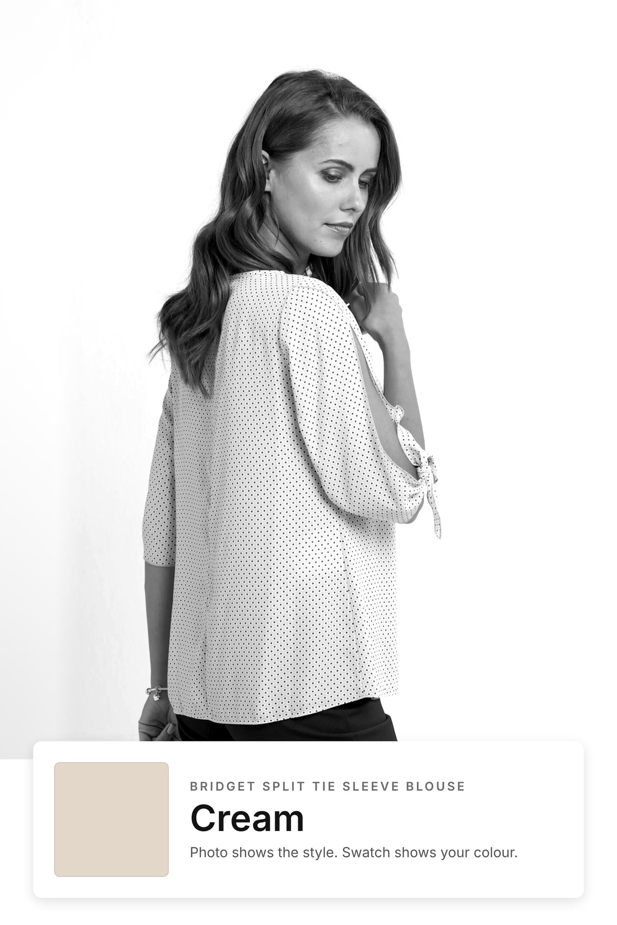 Bridget women's split tie sleeve work blouse in Cream – style photo with Cream fabric swatch, Imagemakers Sale