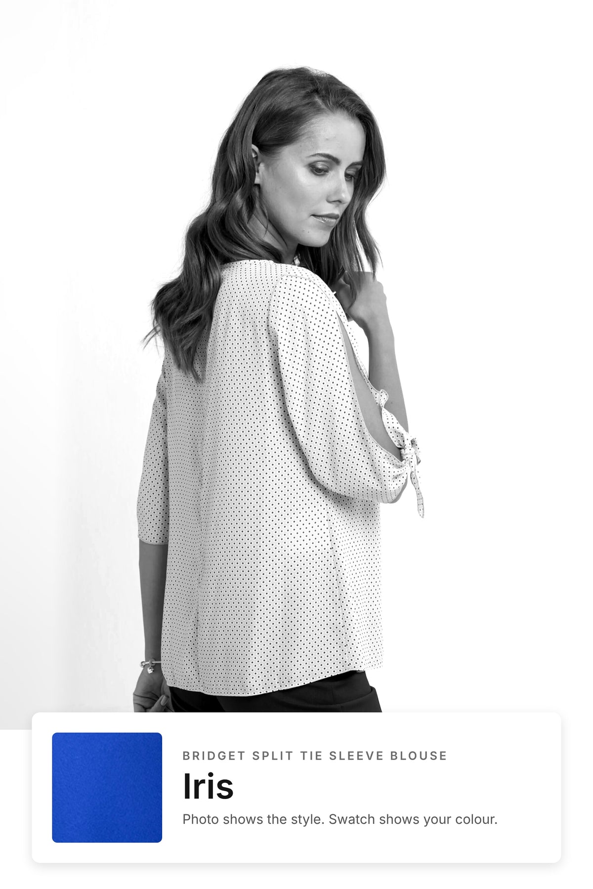 Bridget women's split tie sleeve work blouse in Iris – style photo with Iris fabric swatch, Imagemakers Sale