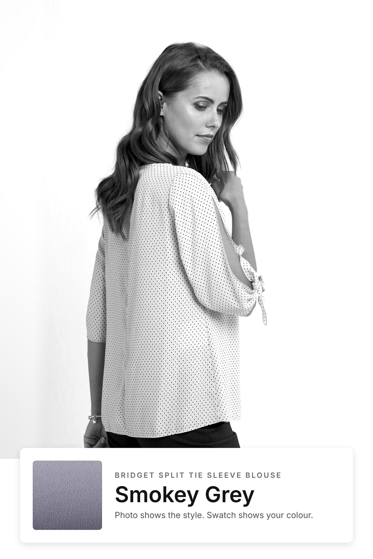 Bridget women's split tie sleeve work blouse in Smokey Grey – style photo with Smokey Grey fabric swatch, Imagemakers Sale