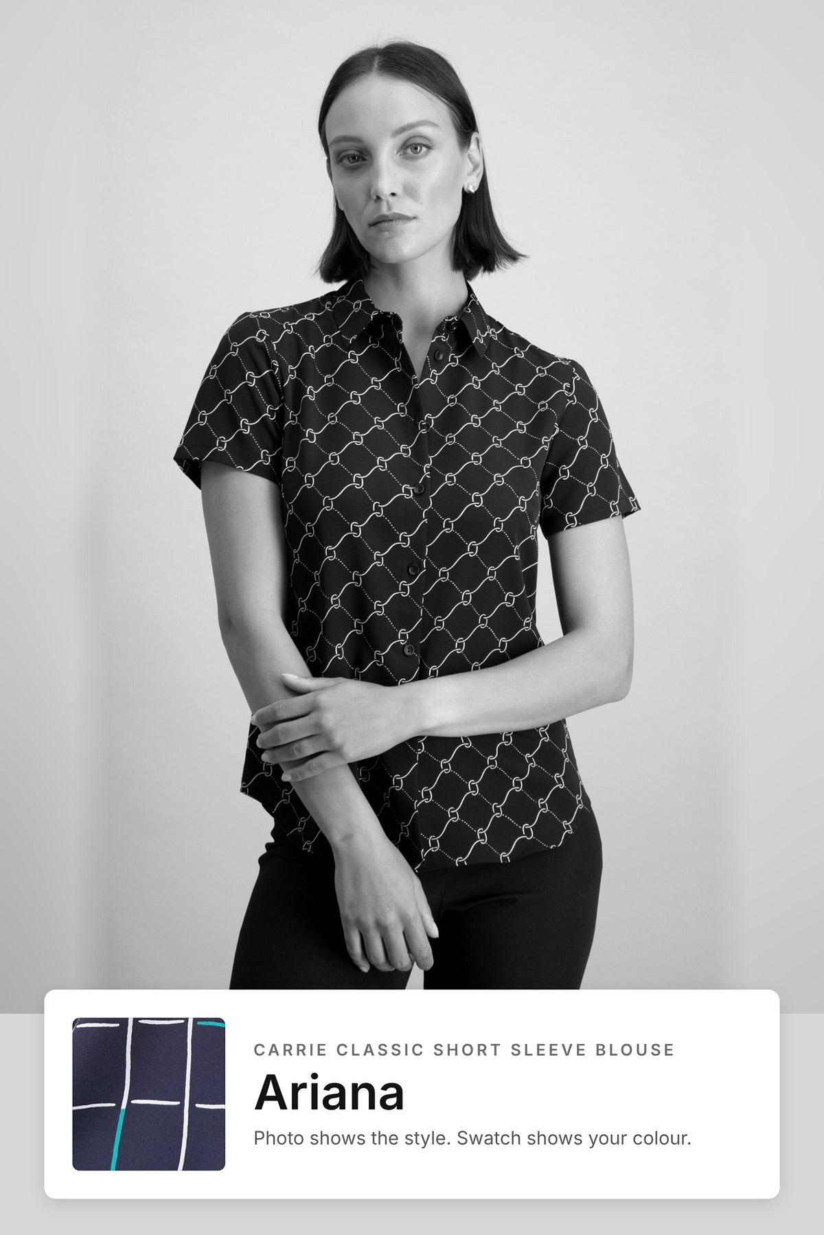 Carrie women's short sleeve work blouse in Ariana – black and white style photo with Ariana fabric swatch