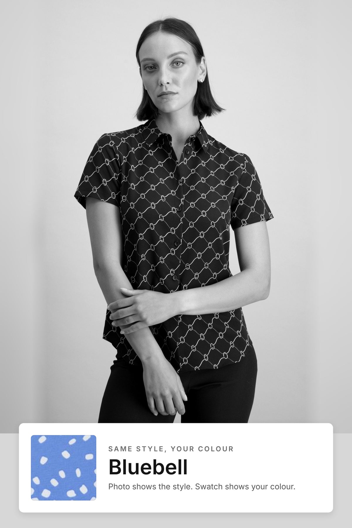 Carrie women's short sleeve work blouse in Bluebell – black and white style photo with Bluebell fabric swatch