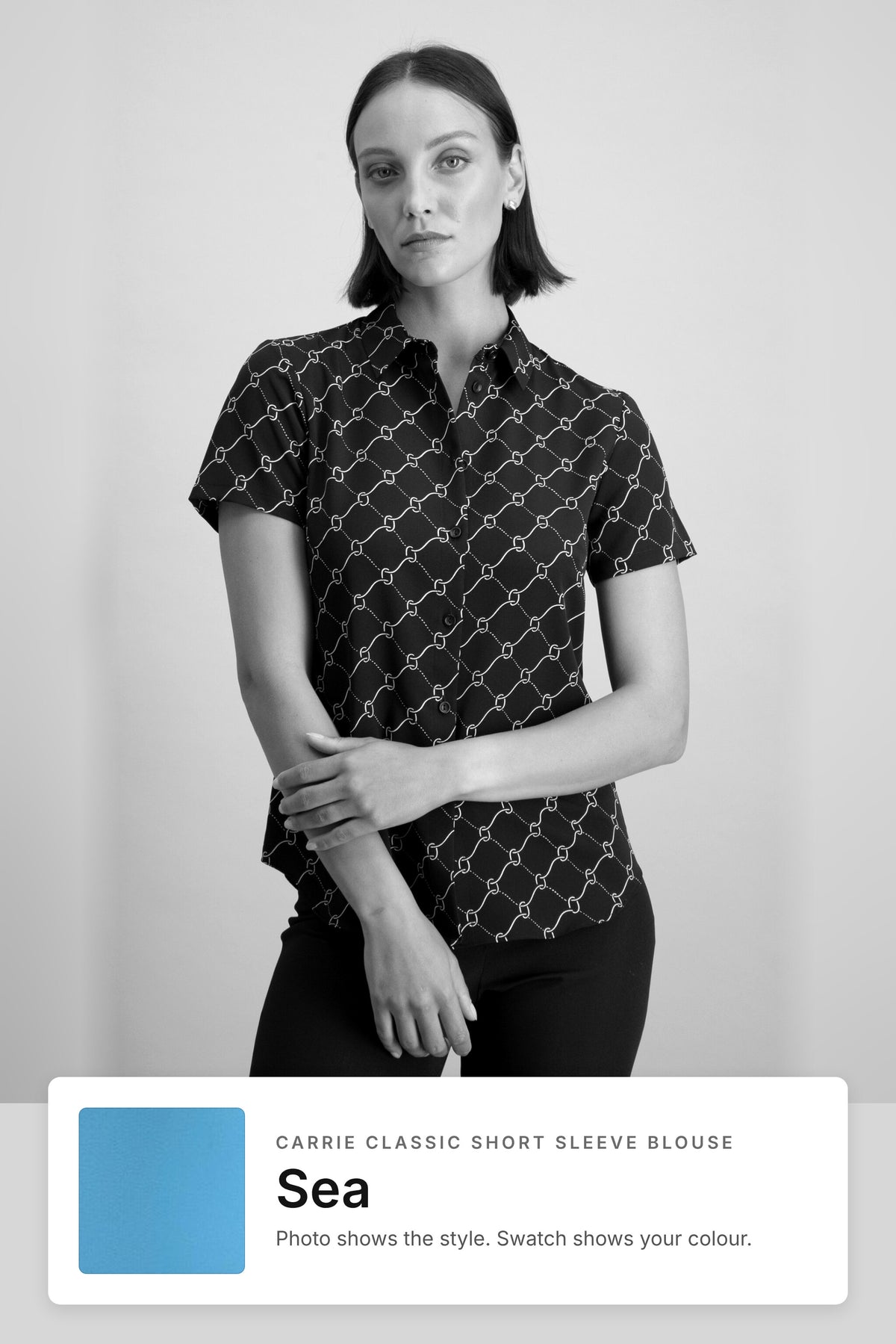 Carrie women's short sleeve work blouse in Sea – black and white style photo with Sea fabric swatch