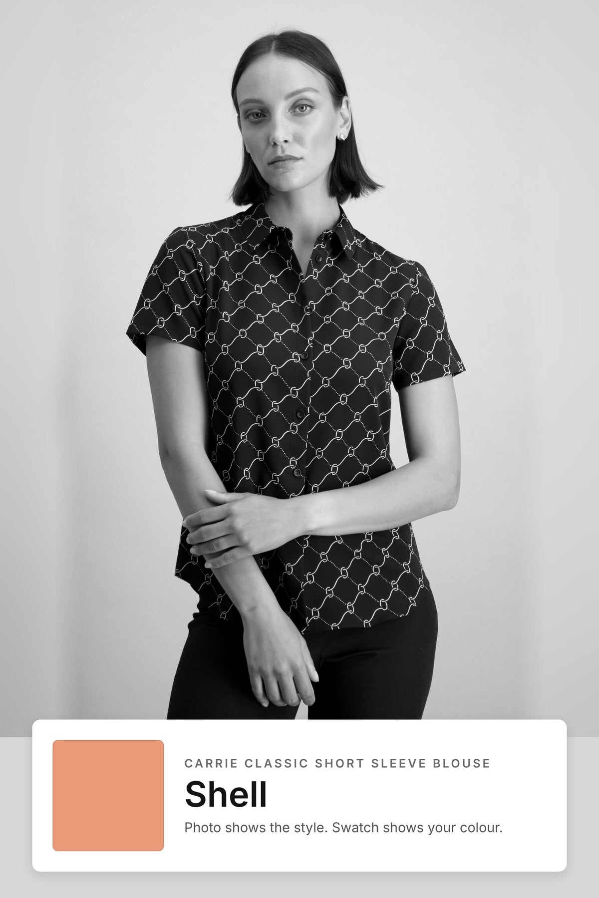 Carrie women's short sleeve work blouse in Shell – black and white style photo with Shell fabric swatch