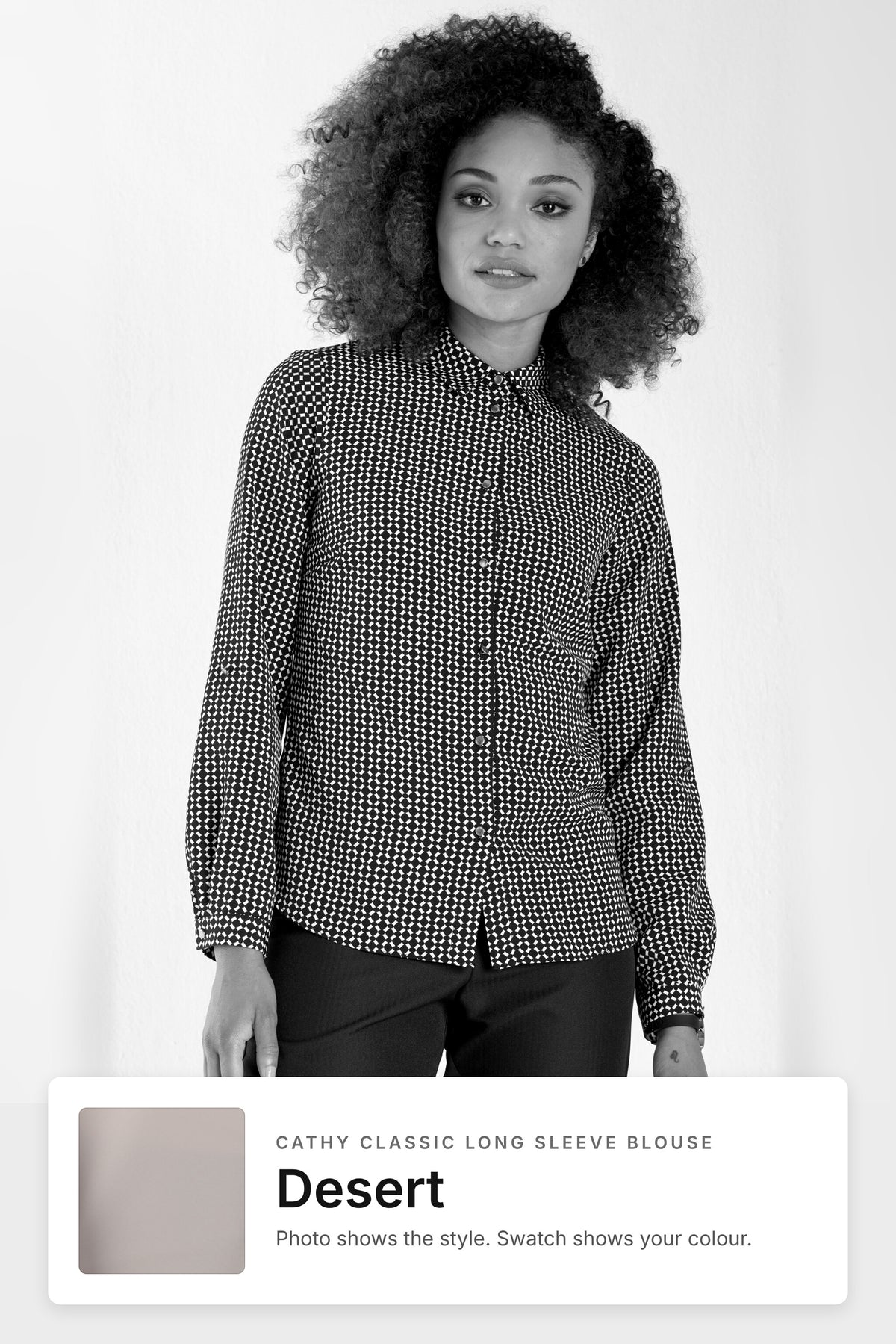 Cathy women's long sleeve work blouse in Desert – black and white style photo with Desert fabric swatch