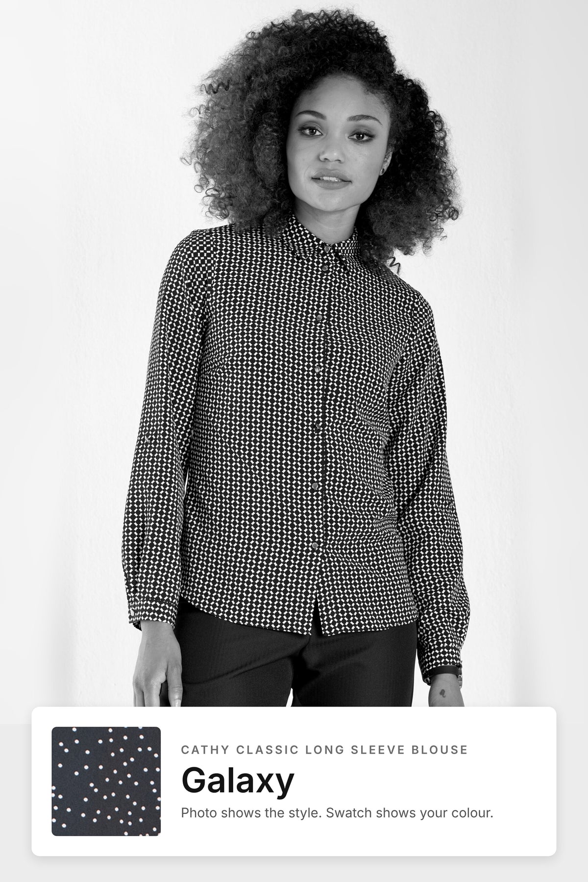Cathy women's long sleeve work blouse in Galaxy – black and white style photo with Galaxy fabric swatch