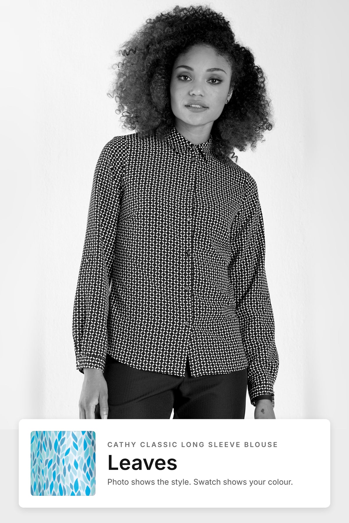 Cathy women's long sleeve work blouse in Leaves – black and white style photo with Leaves fabric swatch