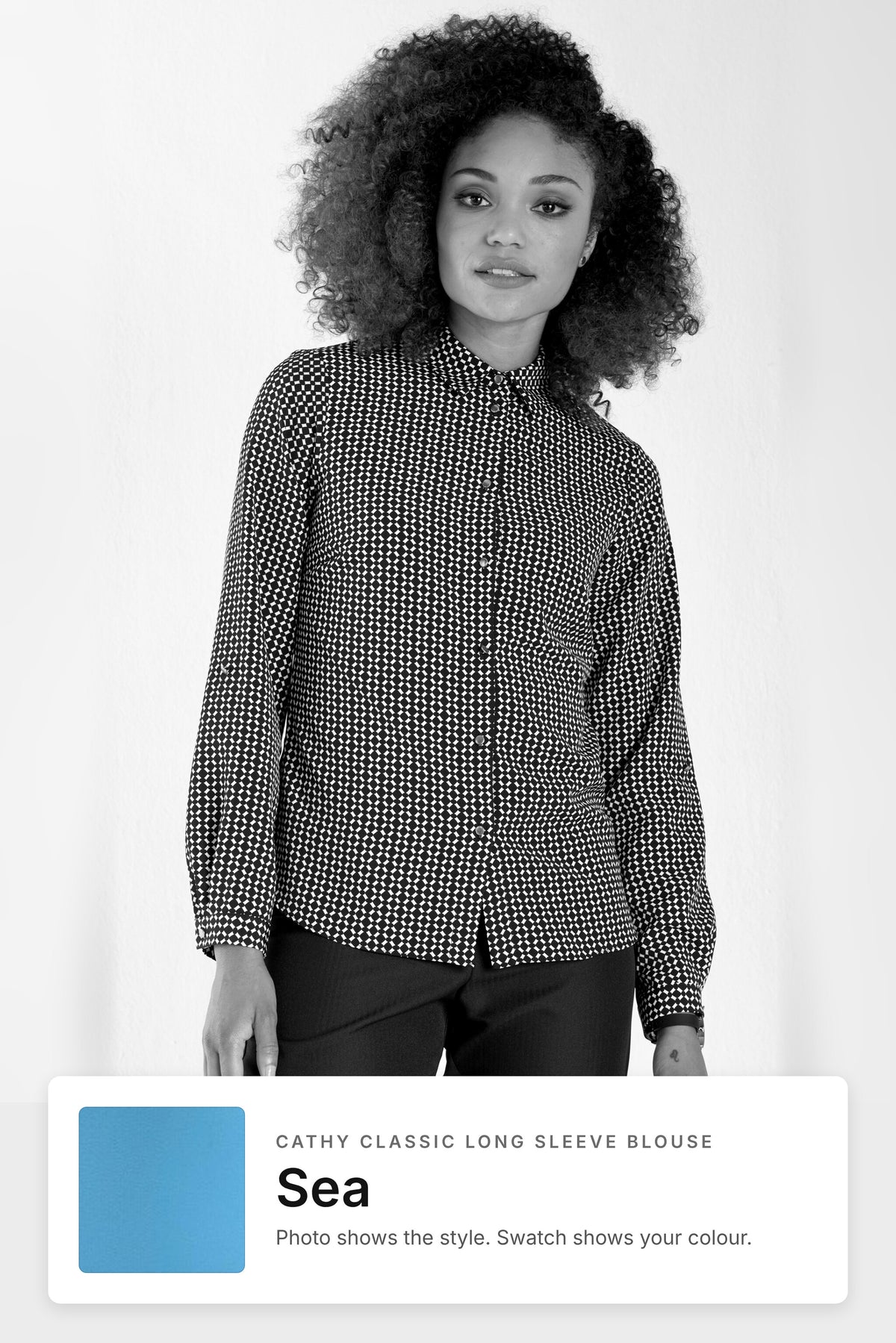 Cathy women's long sleeve work blouse in Sea – black and white style photo with Sea fabric swatch