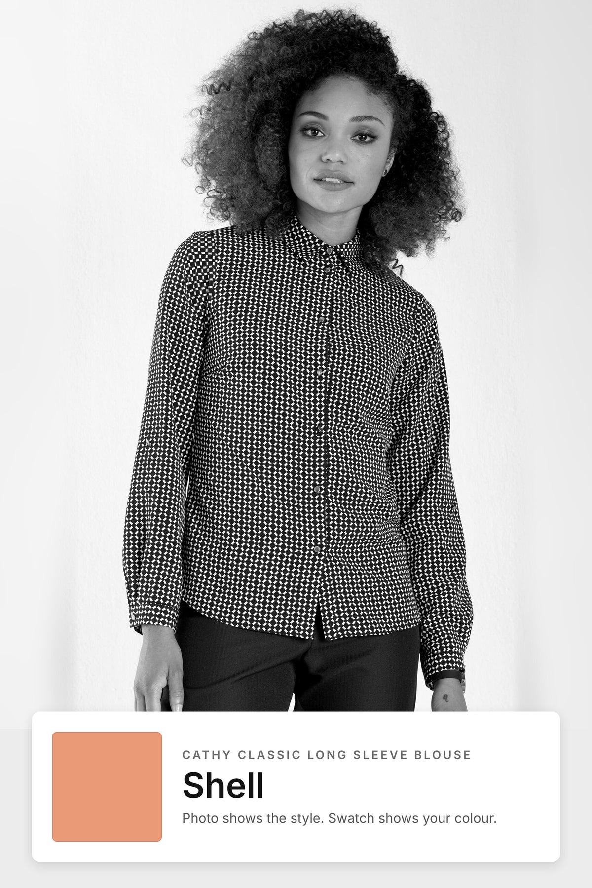 Cathy women's long sleeve work blouse in Shell – black and white style photo with Shell fabric swatch