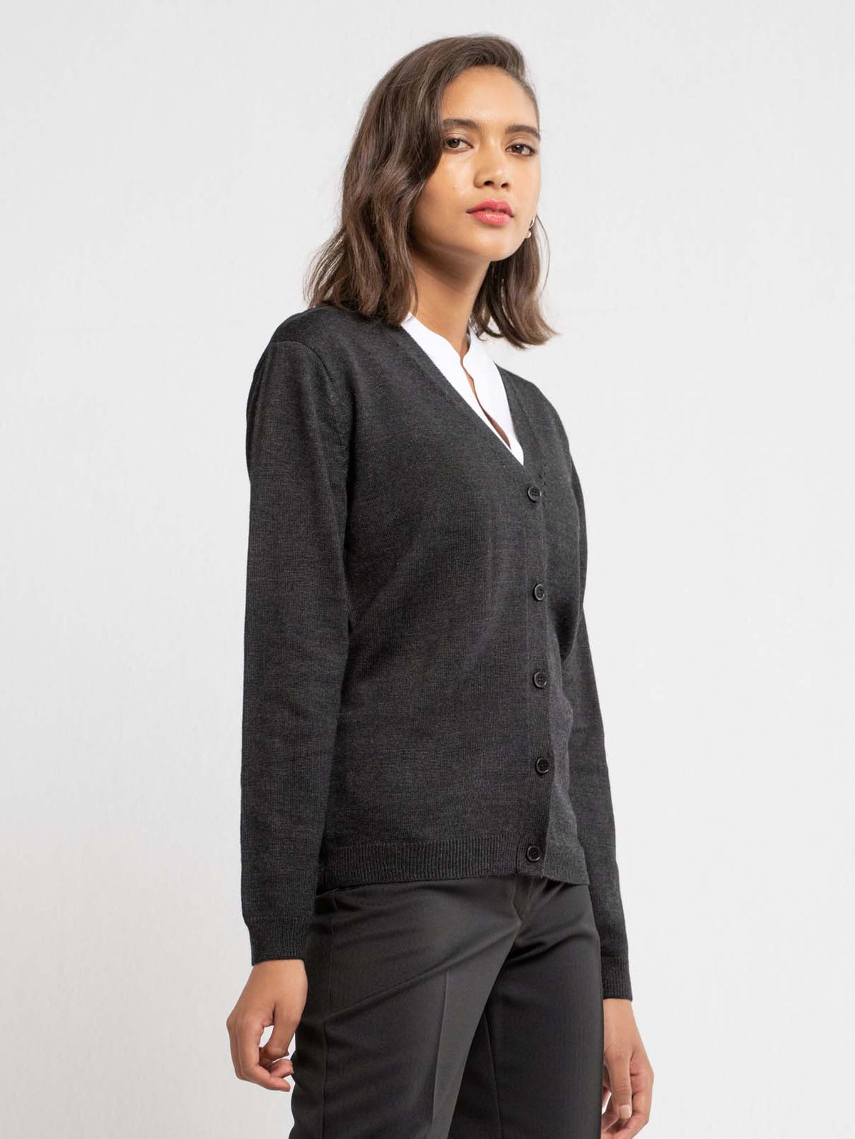 Charcoal, Wool Blended Women's Cardigan with button down front. Available from ImNow. 