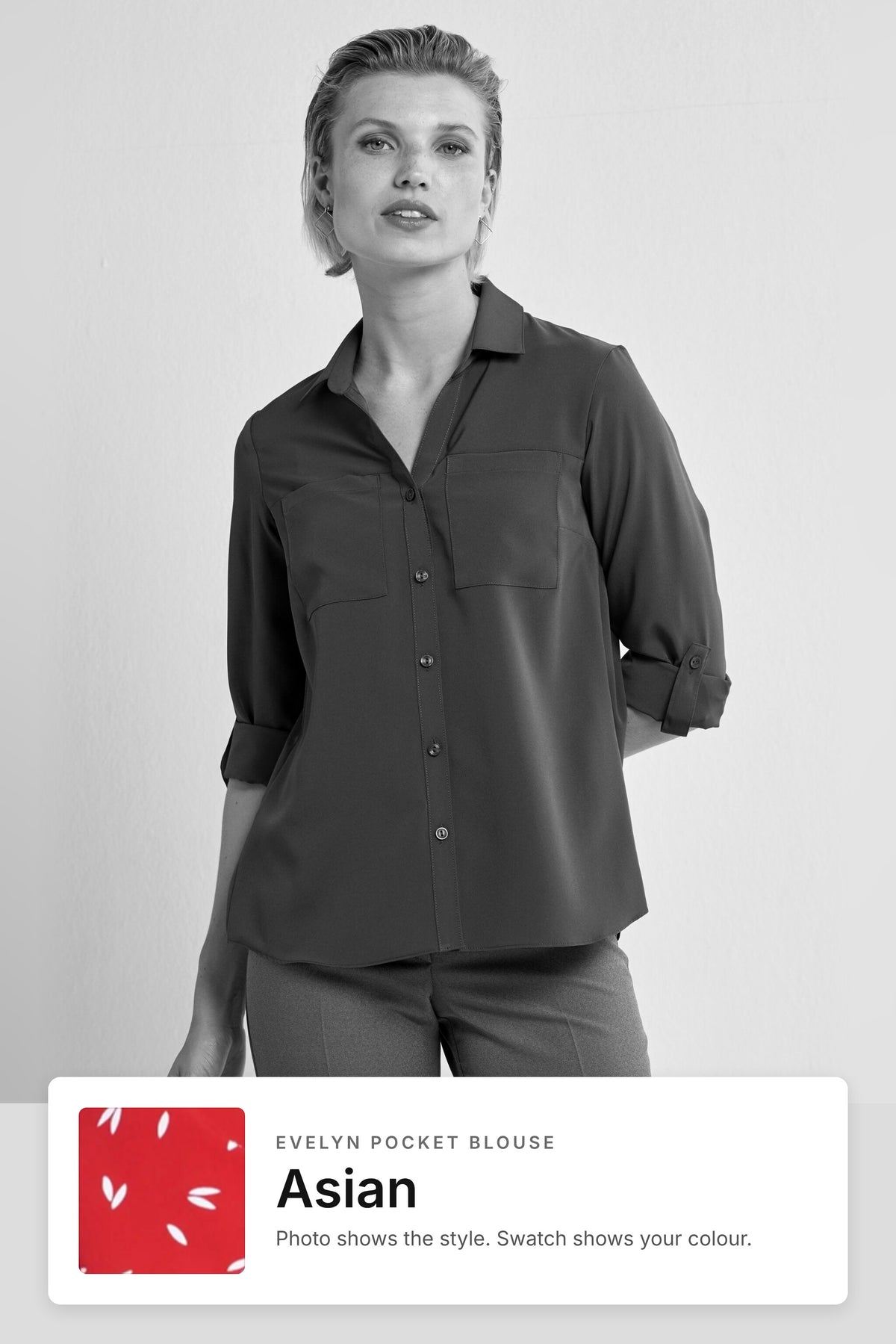 Evelyn women's pocket work blouse in Asian – style photo with Asian fabric swatch, Imagemakers Sale