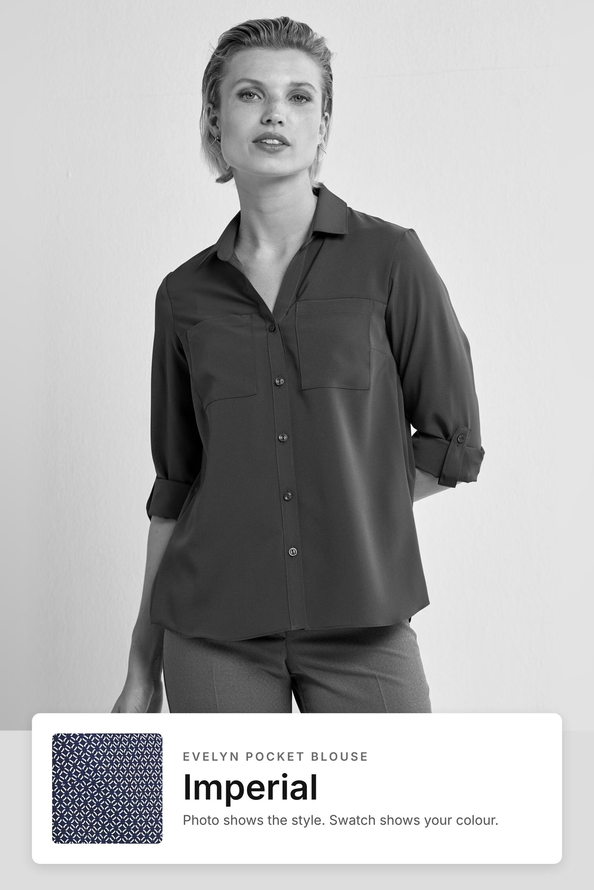Evelyn women's pocket work blouse in Imperial – style photo with Imperial fabric swatch, Imagemakers Sale
