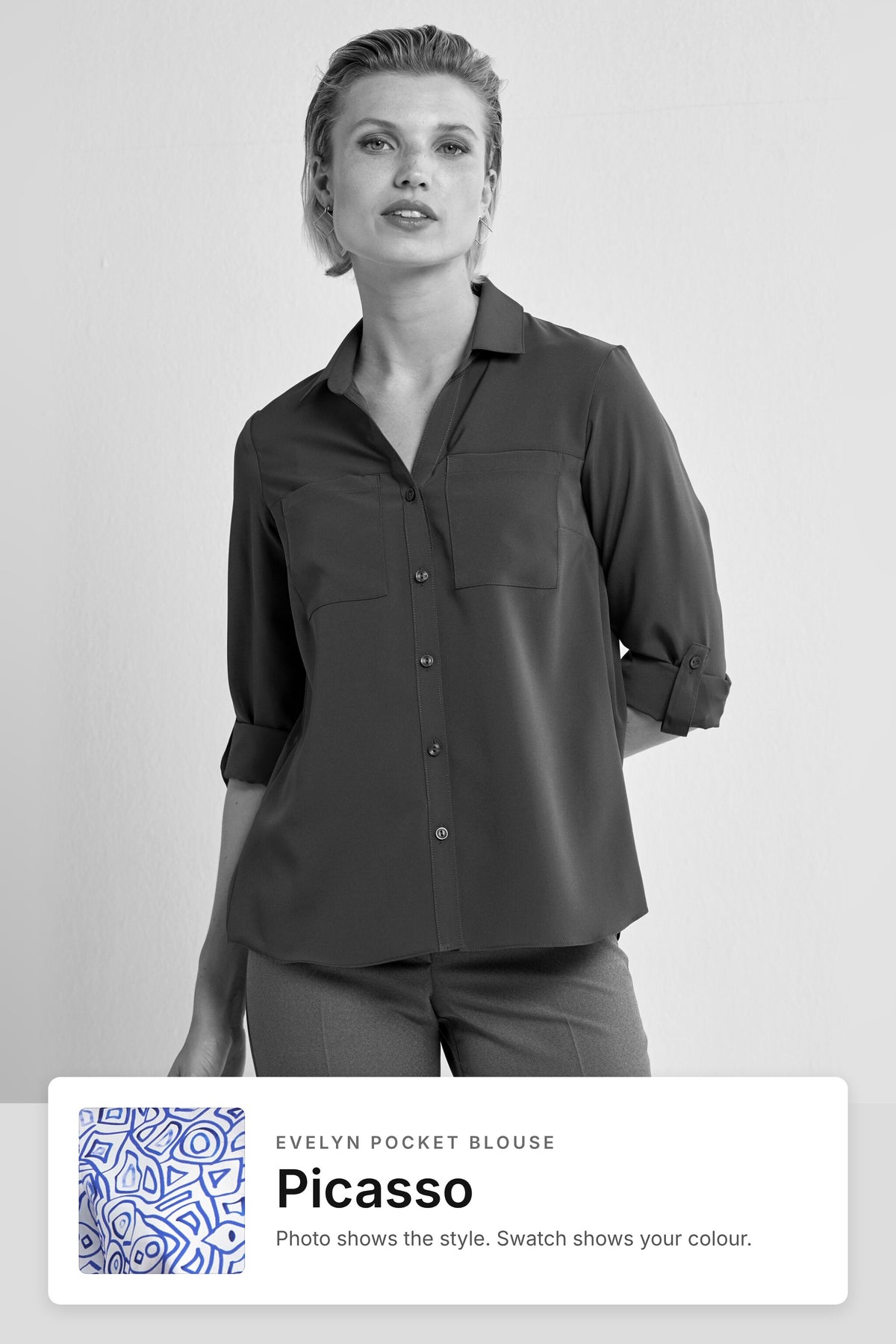 Evelyn women's pocket work blouse in Picasso – style photo with Picasso fabric swatch, Imagemakers Sale