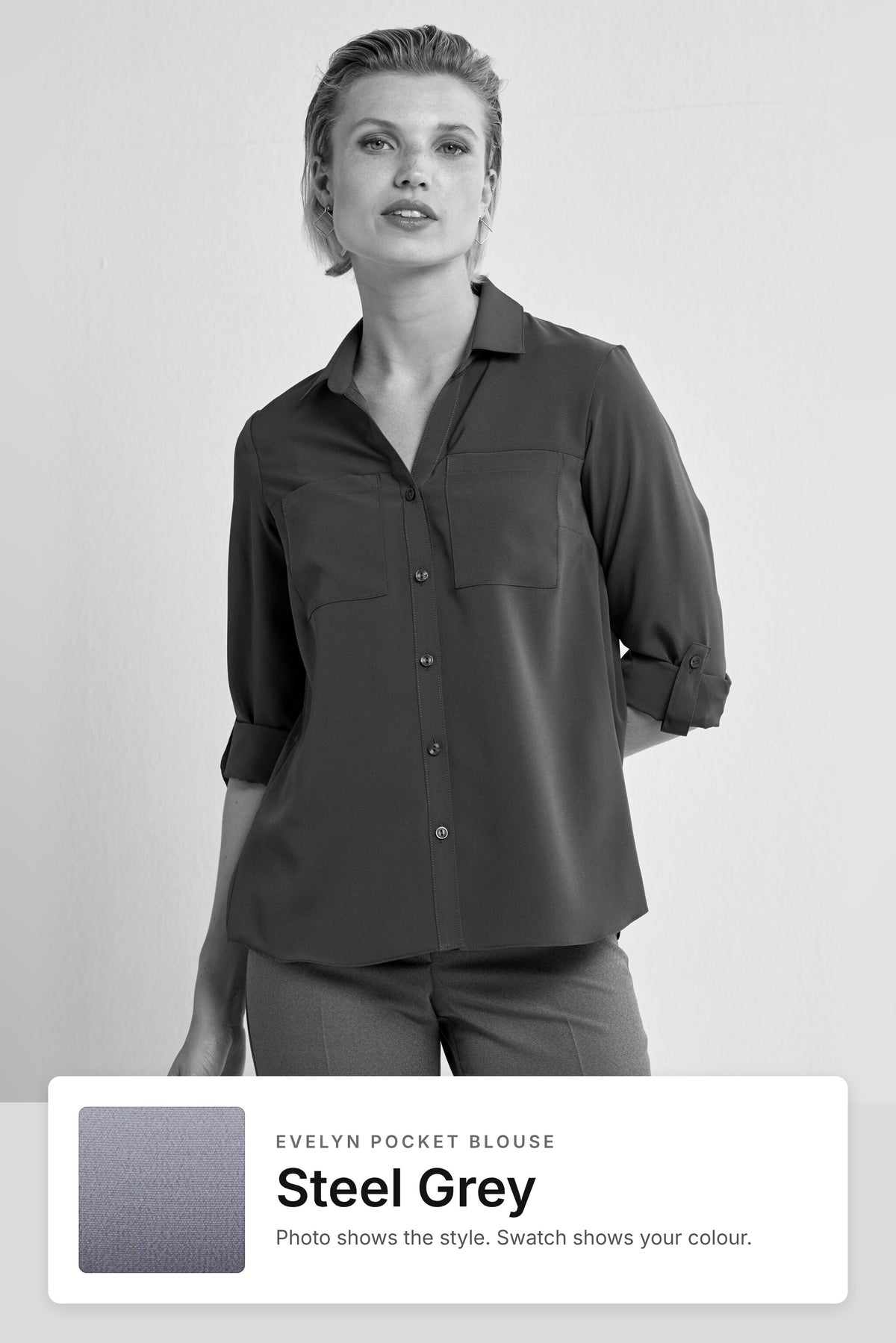 Evelyn women's pocket work blouse in Steel Grey – style photo with Steel Grey fabric swatch, Imagemakers Sale