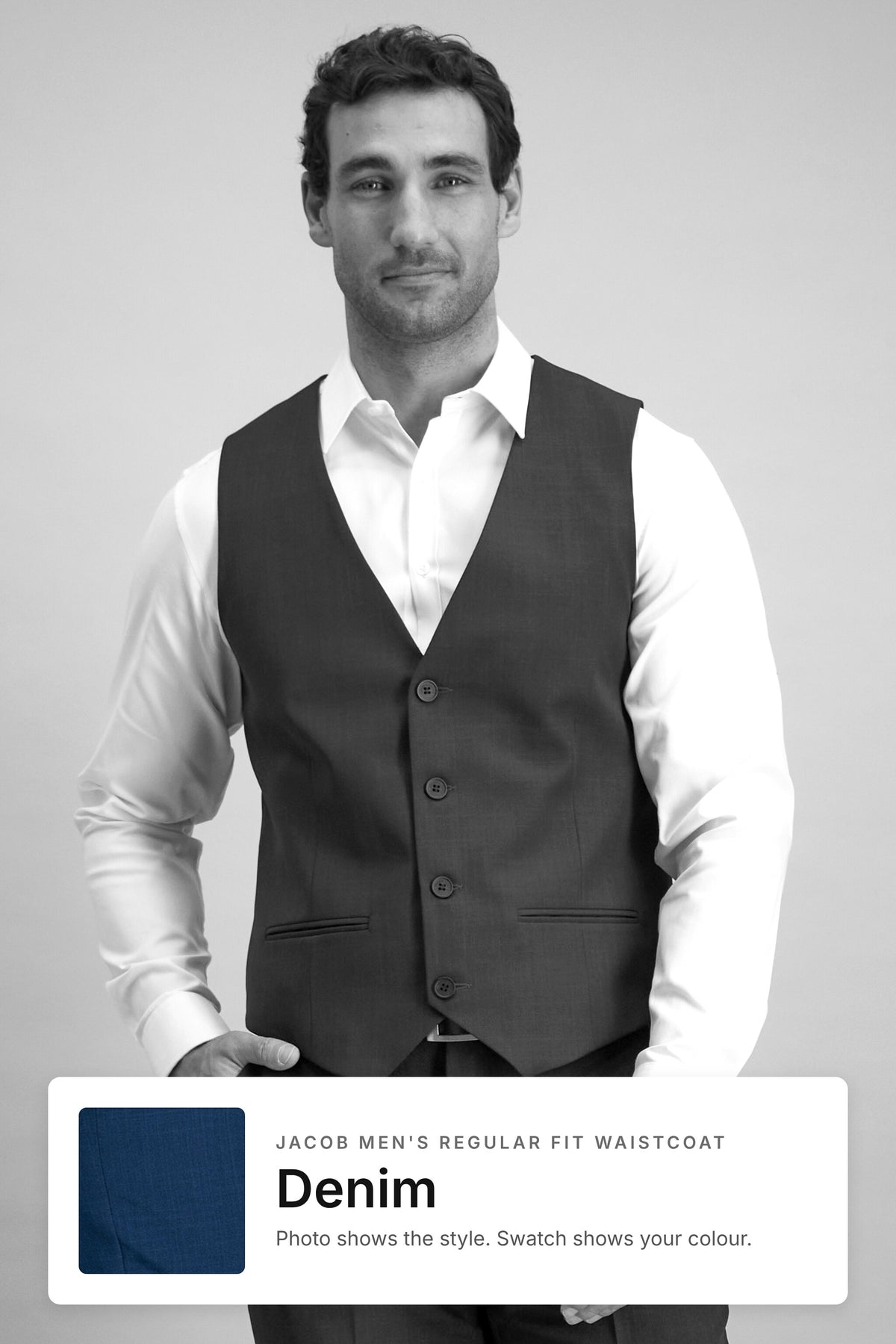 Jacob men's regular fit waistcoat in Denim – style photo with Denim fabric swatch, Imagemakers Sale