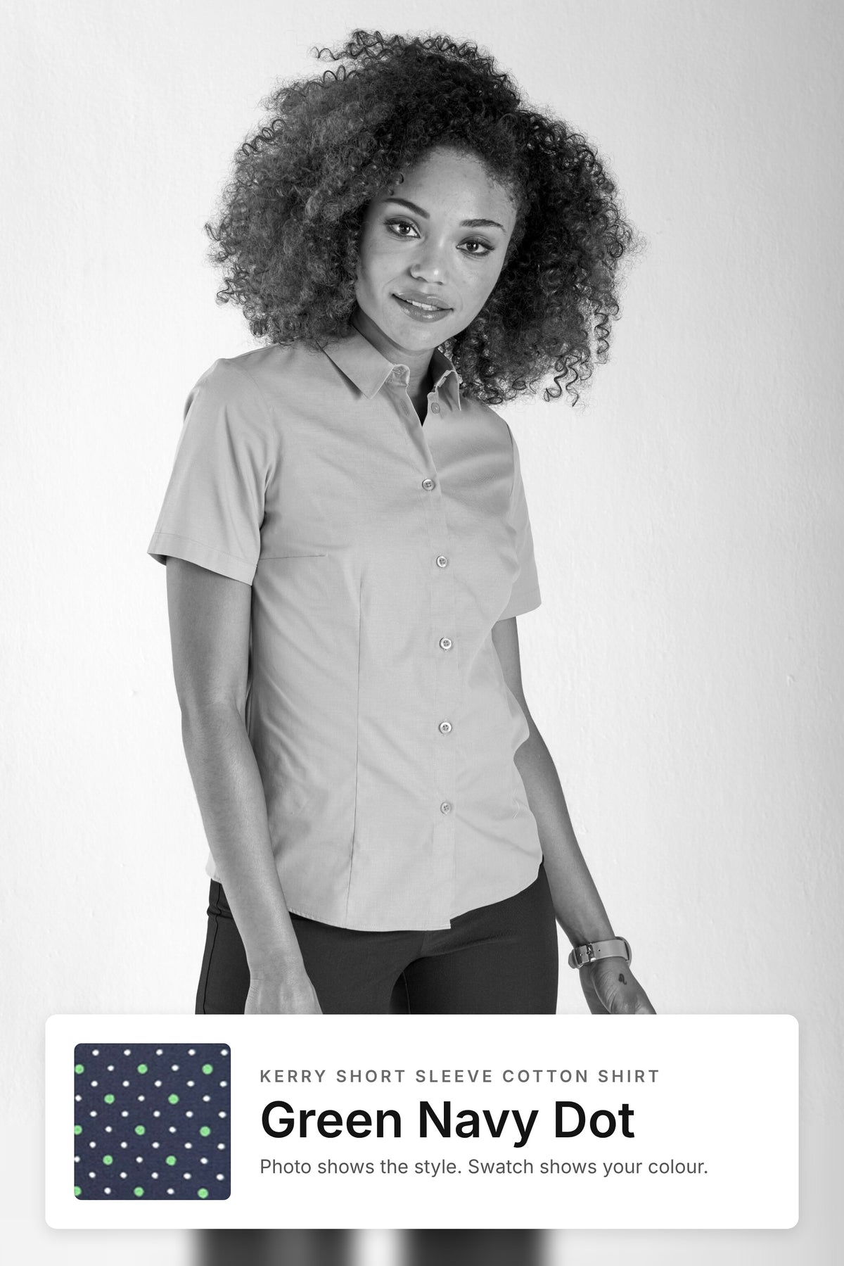 Kerry women's short sleeve cotton work shirt in Green Navy Dot – style photo with Green Navy Dot fabric swatch, Imagemakers Sale