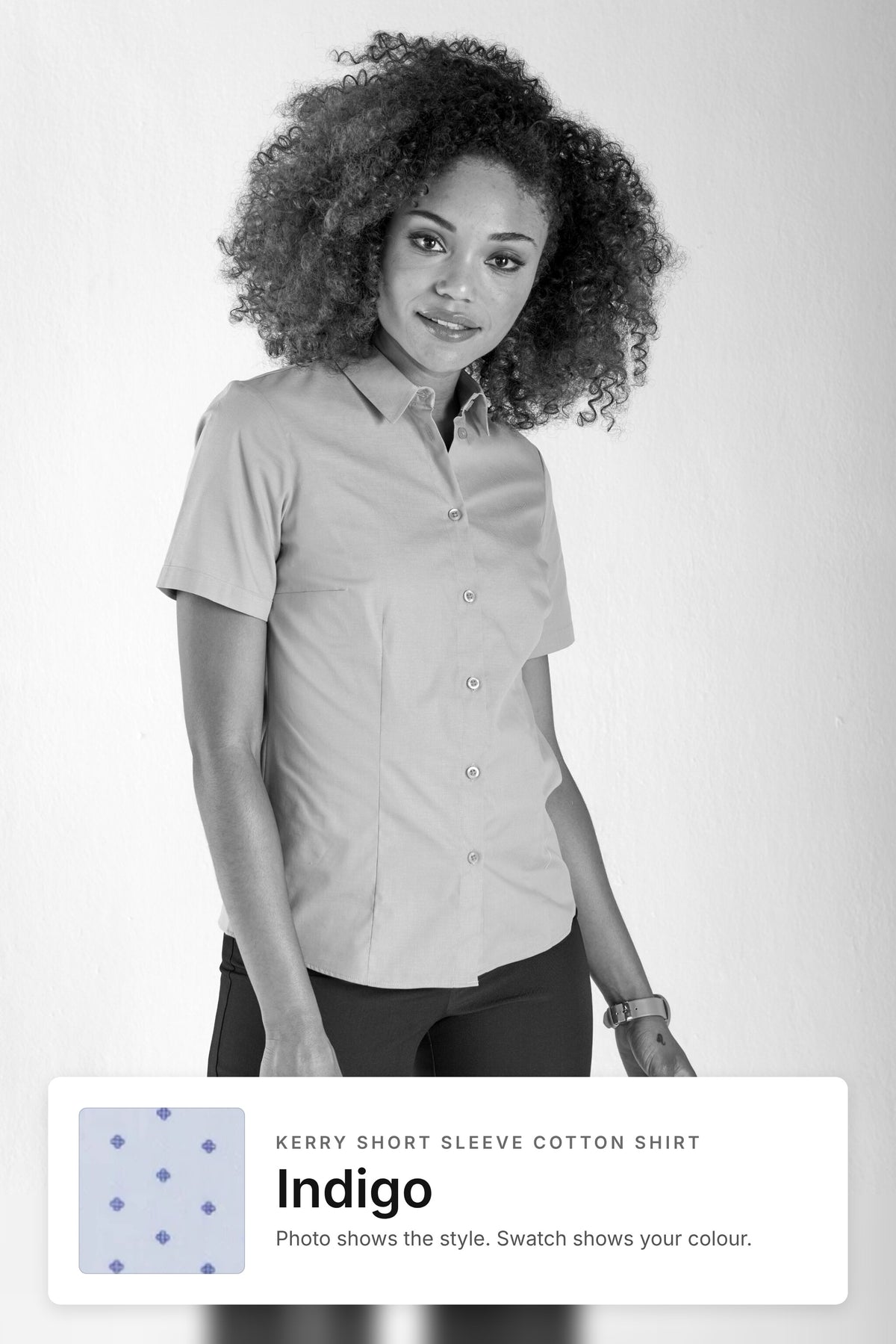 Kerry women's short sleeve cotton work shirt in Indigo – style photo with Indigo fabric swatch, Imagemakers Sale