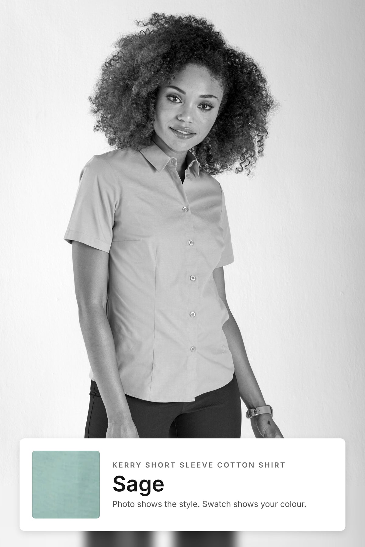 Kerry women's short sleeve cotton work shirt in Sage – style photo with Sage fabric swatch, Imagemakers Sale