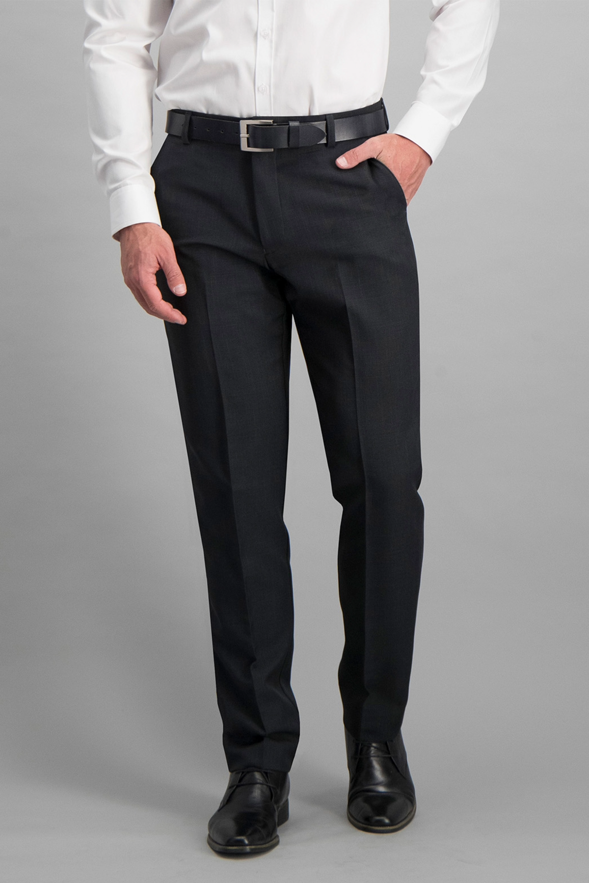 Men's regular fit stretch trousers in black by IMNOW, front view.